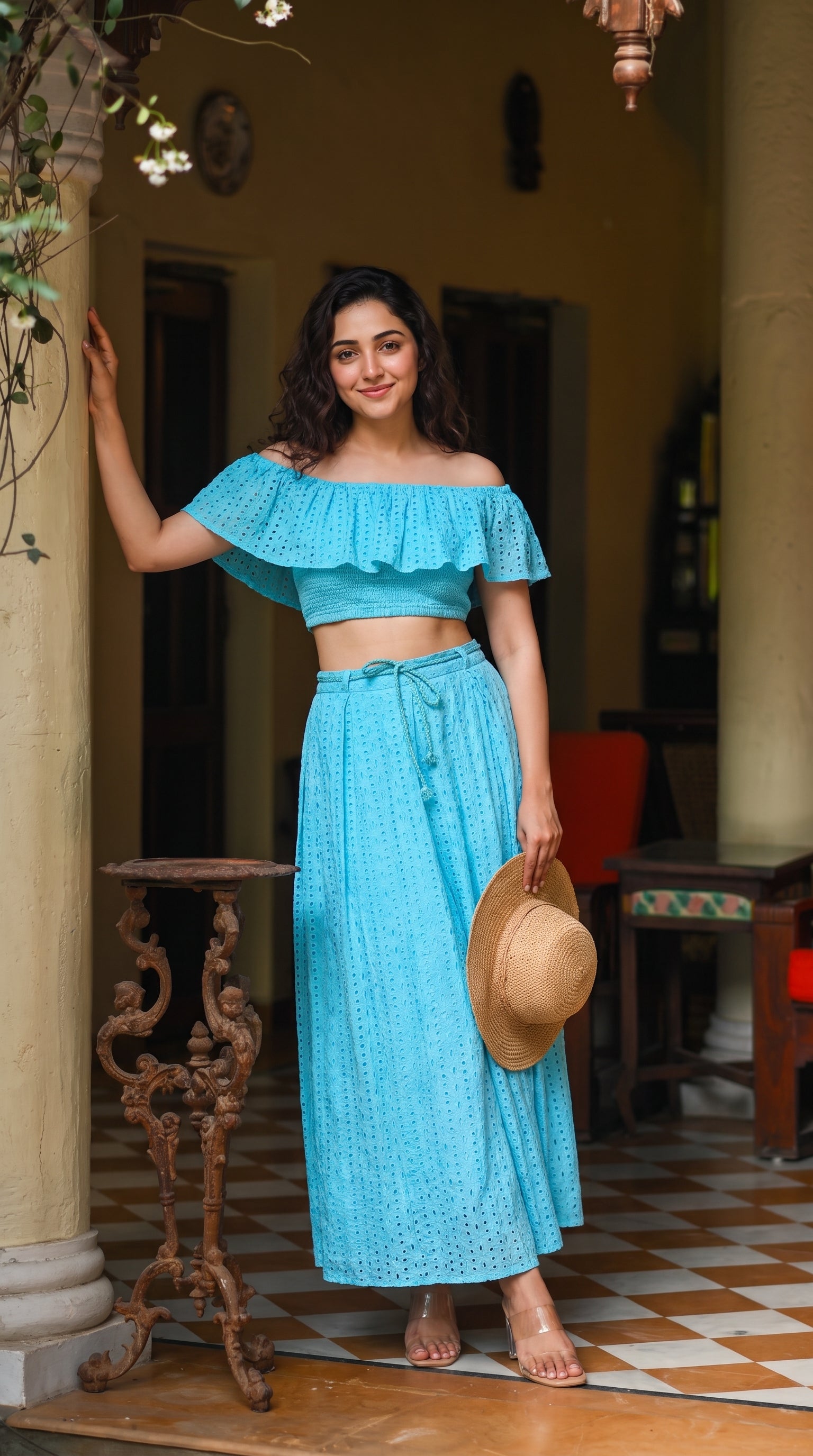 Sky Blue Cotton Schiffli Off Shoulder Dress
