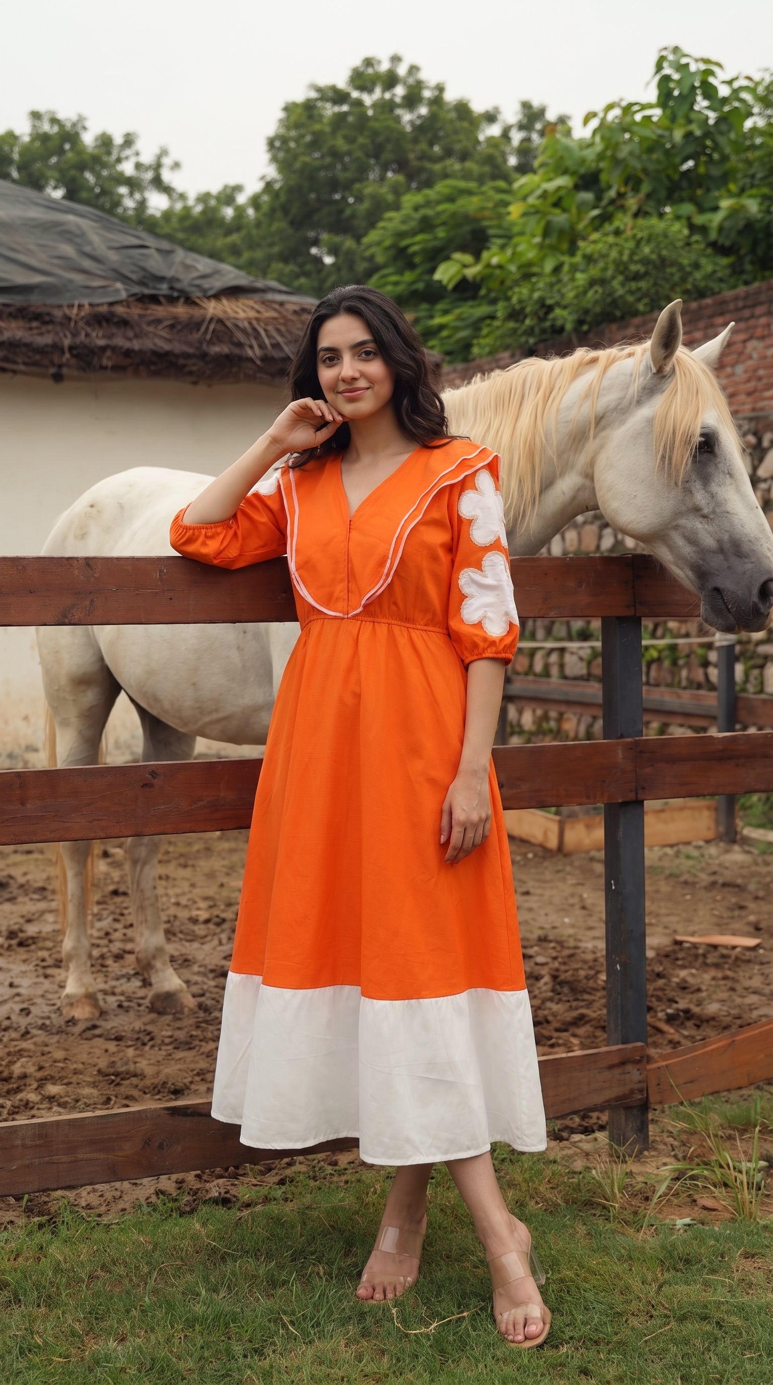 Orange & White Color-Block Midi Dress with Flower Appliqué