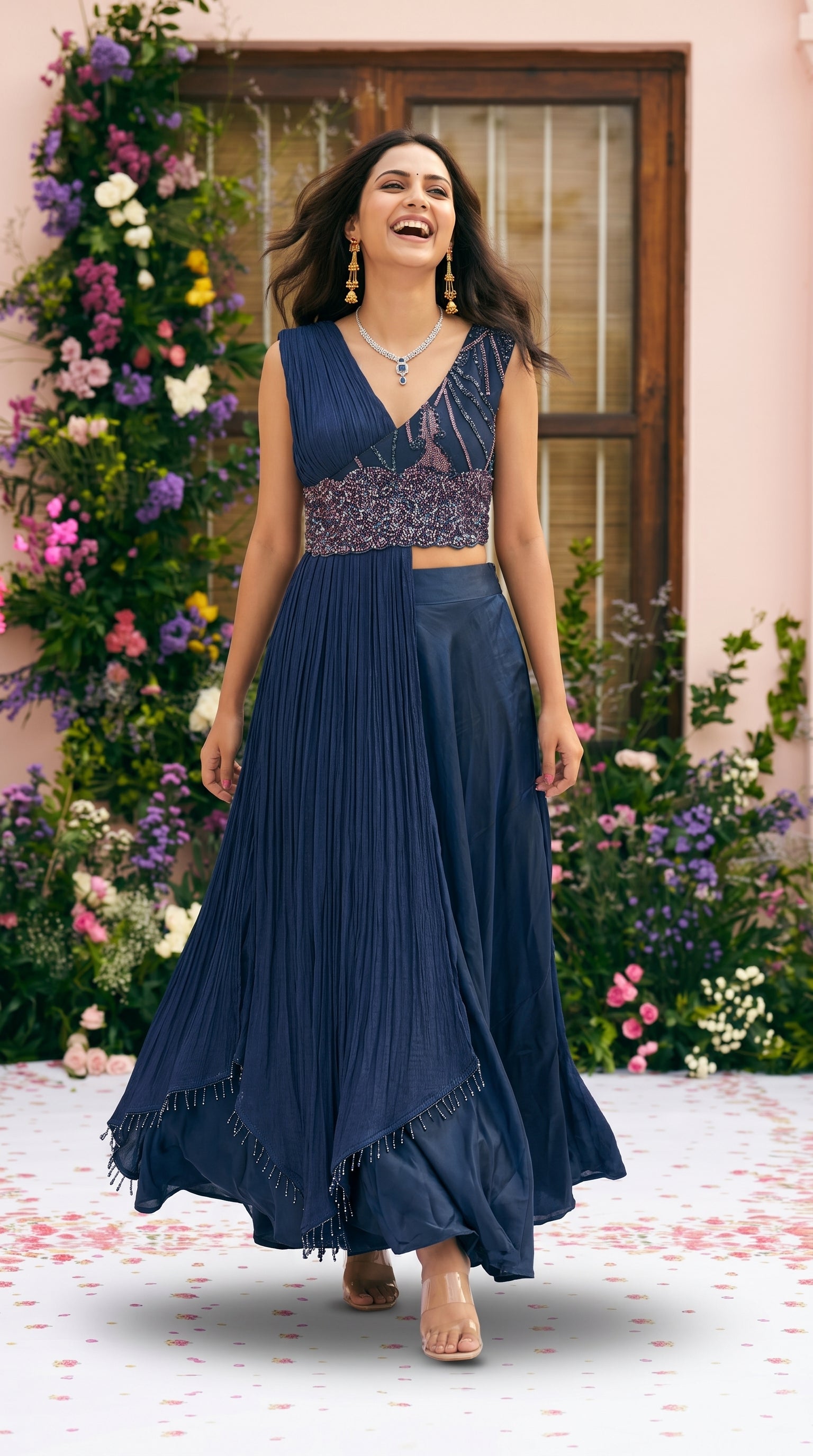 Blue Designer Draped Indo-Western Gown M