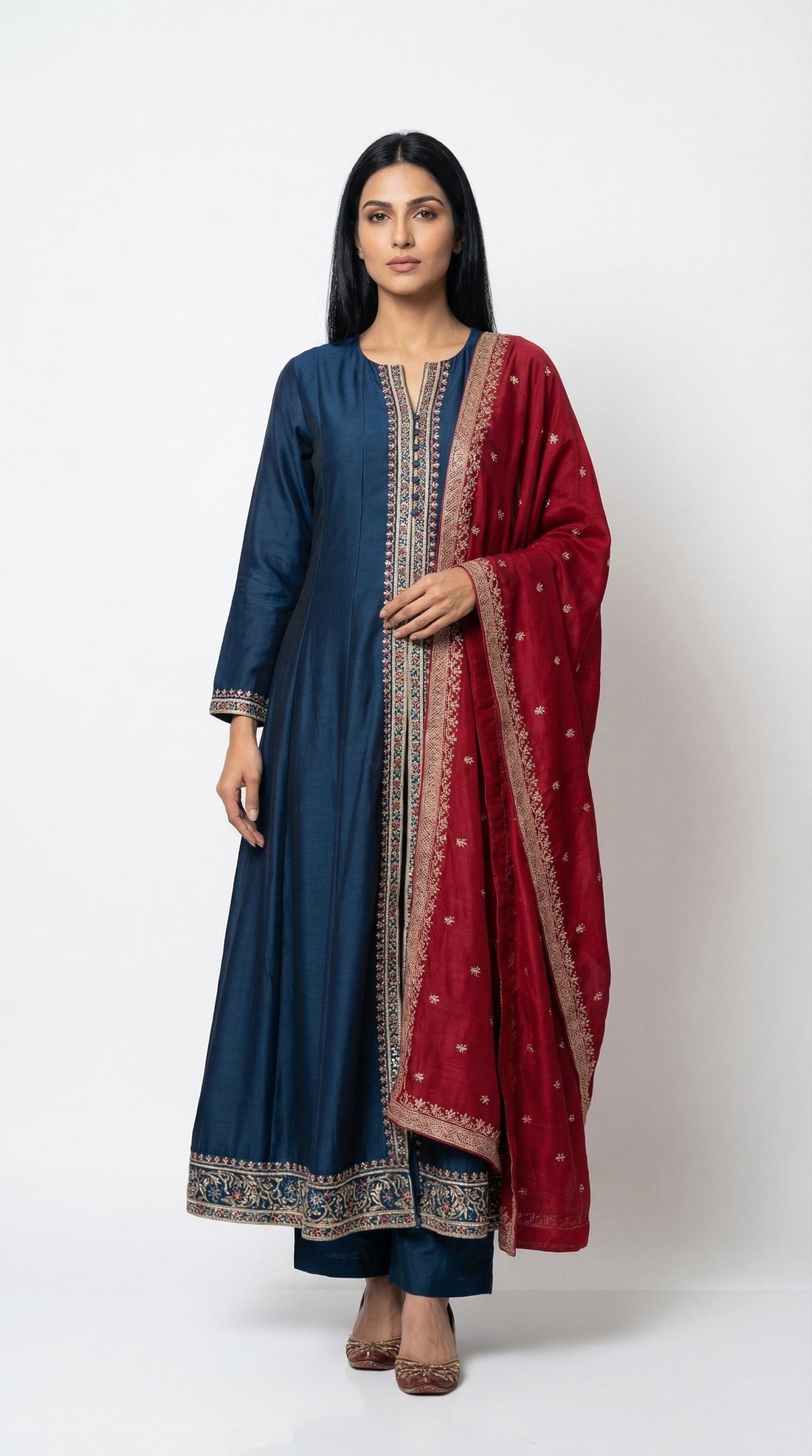 Teal embroidered anarkali suit with maroon dupatta — featured in Rosio House blog post: Ordering Indian Ethnic Wear from the USA: Shipping, Sizing and Taxes