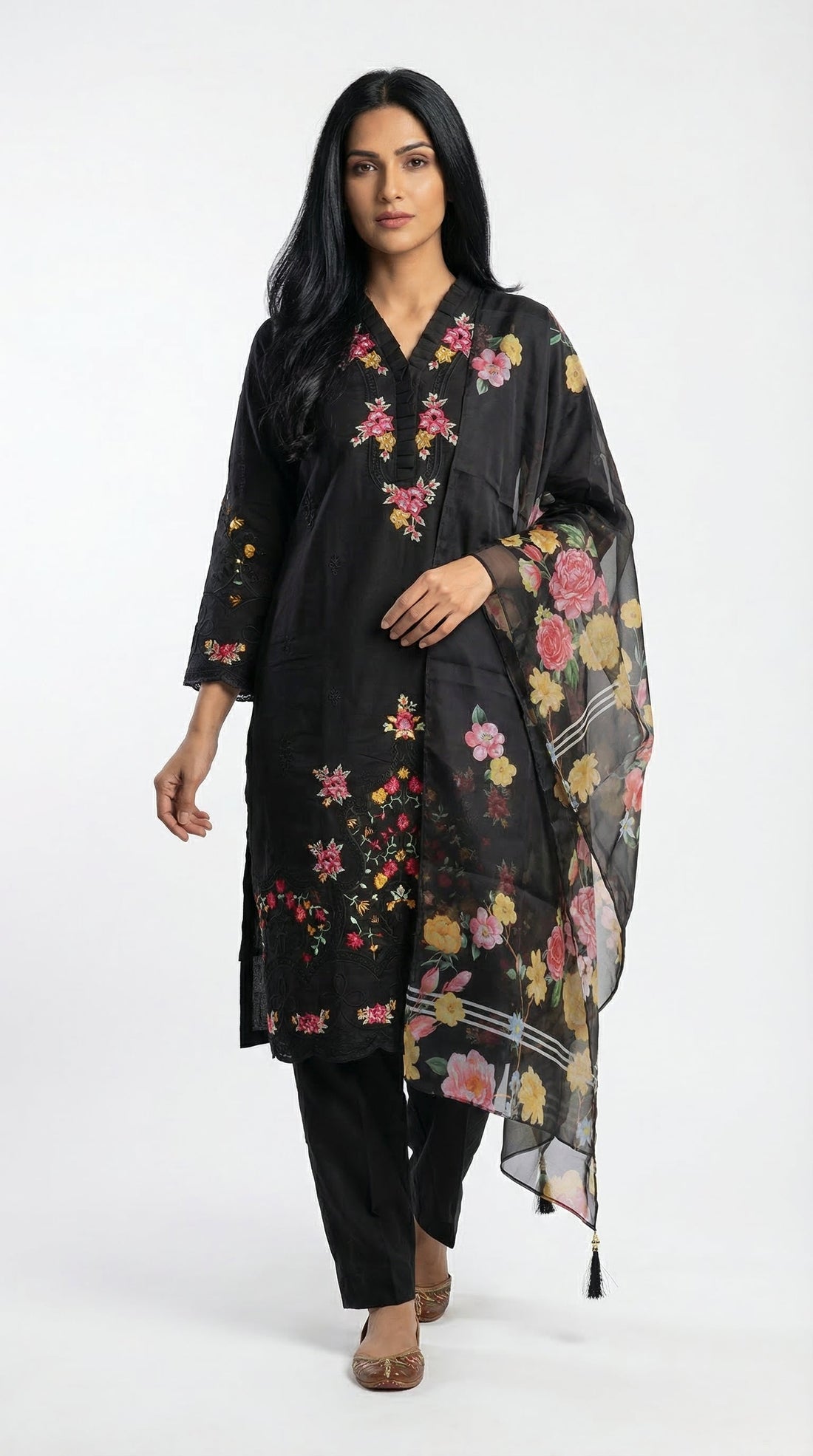 Black multi-floral embroidered cotton suit with dupatta — featured in Rosio House blog post: Best Fabrics for Summer Ethnic Wear: What Stays Cool at an Outdoor Party