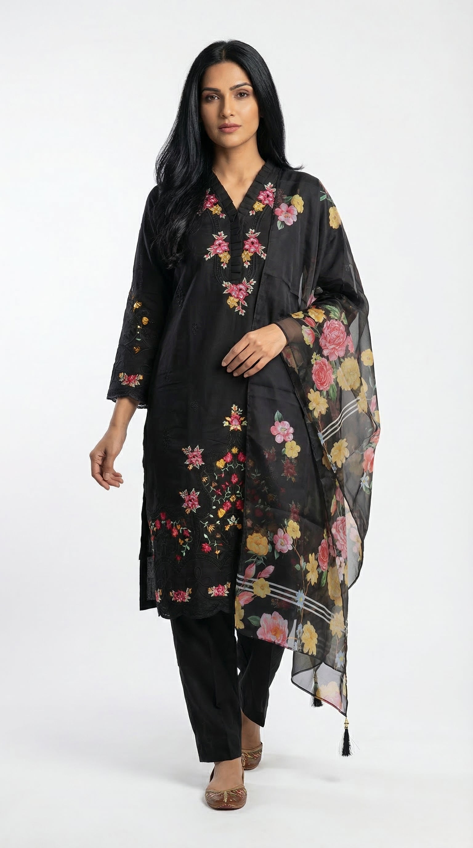 Black multi-floral embroidered cotton suit with dupatta — featured in Rosio House blog post: Best Fabrics for Summer Ethnic Wear: What Stays Cool at an Outdoor Party