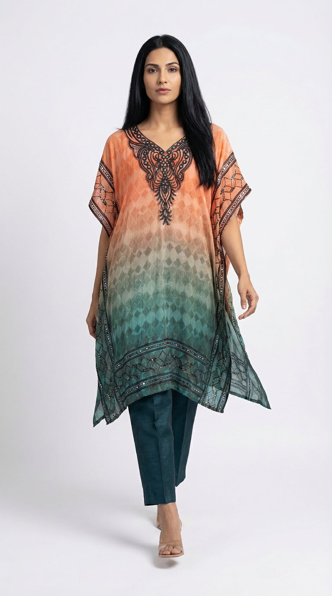 Peach and teal ombre cotton kaftan set — featured in Rosio House blog post: Effortless Elegance: Styling Your Kaftan Dress for Every Occasion