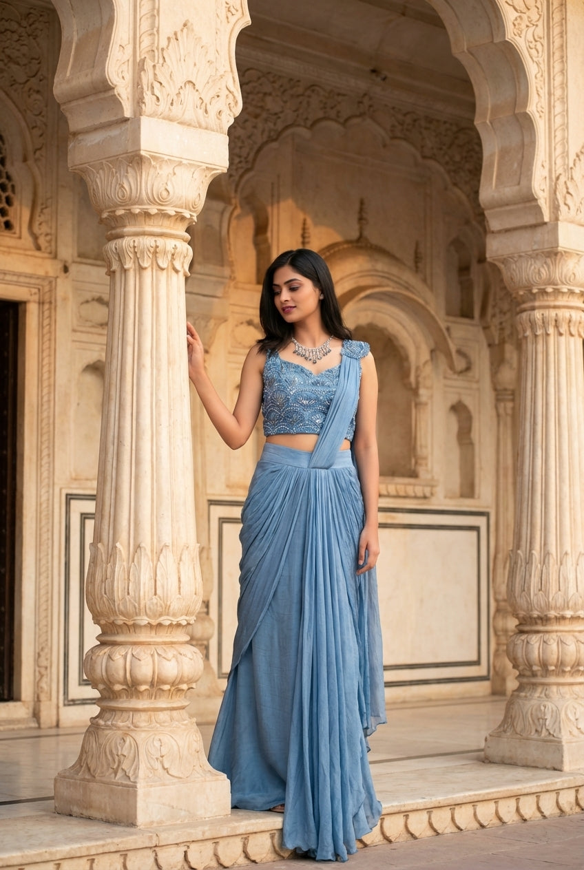 Woman in steel blue indowestern drape saree — featured in Rosio House blog post: What to Wear to a Farewell Party: Saree, Lehenga or Indo-Western (2026 Guide)