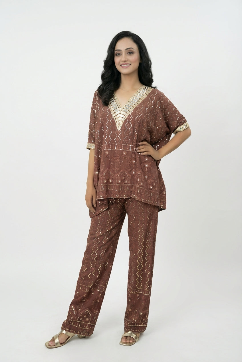 Rust brown co-ord set with mirror work V-neckline — featured in Rosio House blog post: Party-Ready Co-ord Sets: The Ultimate Styling Guide