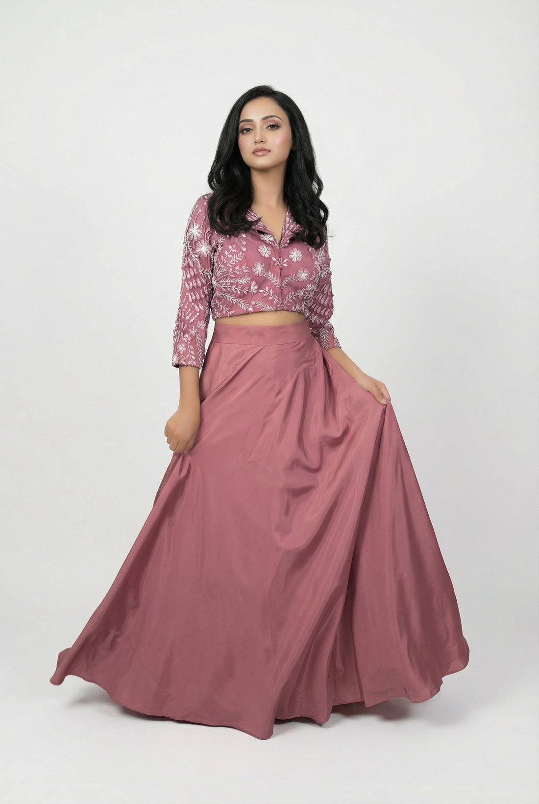 Mauve 3D floral handwork crop top with jacket and skirt set — featured in Rosio House blog post: Floral Lehenga for Summer: Why It's the Season's Best Choice