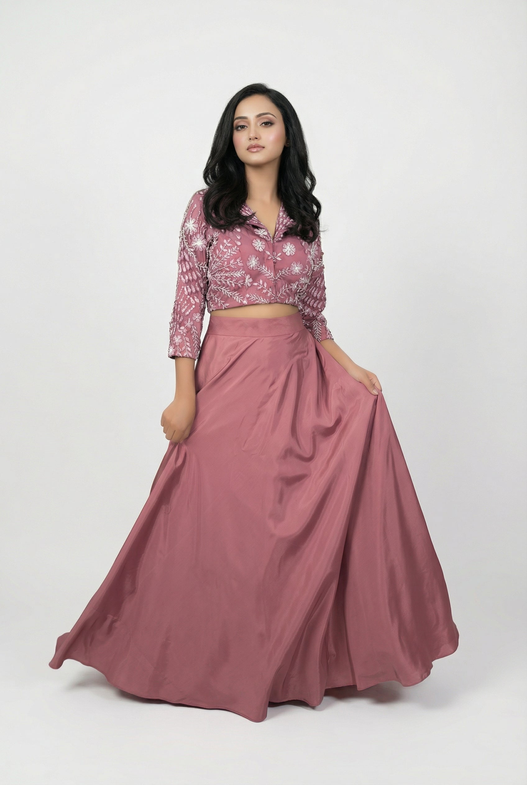 Mauve 3D floral handwork crop top with jacket and skirt set — featured in Rosio House blog post: Floral Lehenga for Summer: Why It's the Season's Best Choice