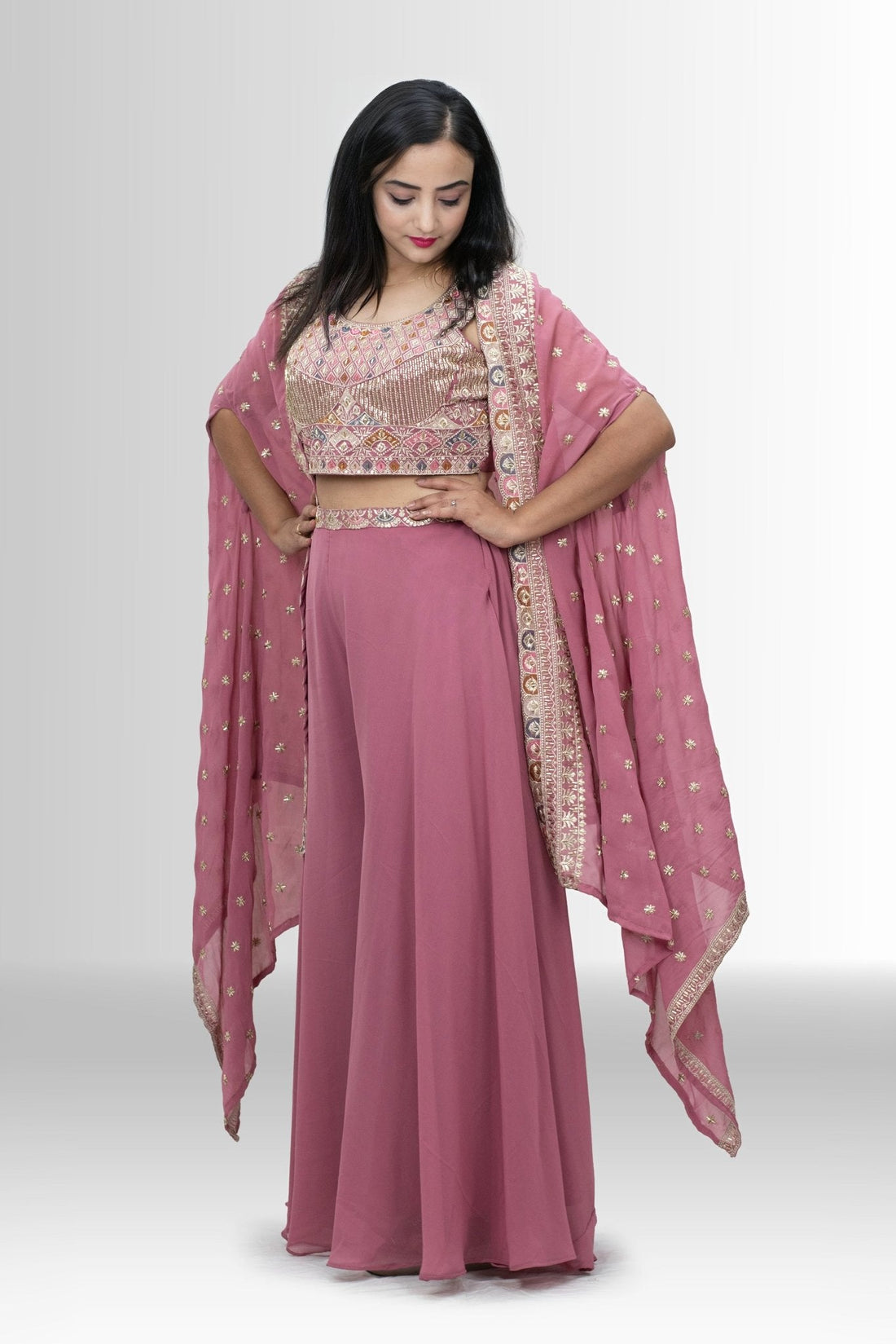 Pink indo western outfit with handwork crop top and palazzo — featured in Rosio House blog post: Mehendi Outfit Ideas 2026: For the Bride, Family & Guests