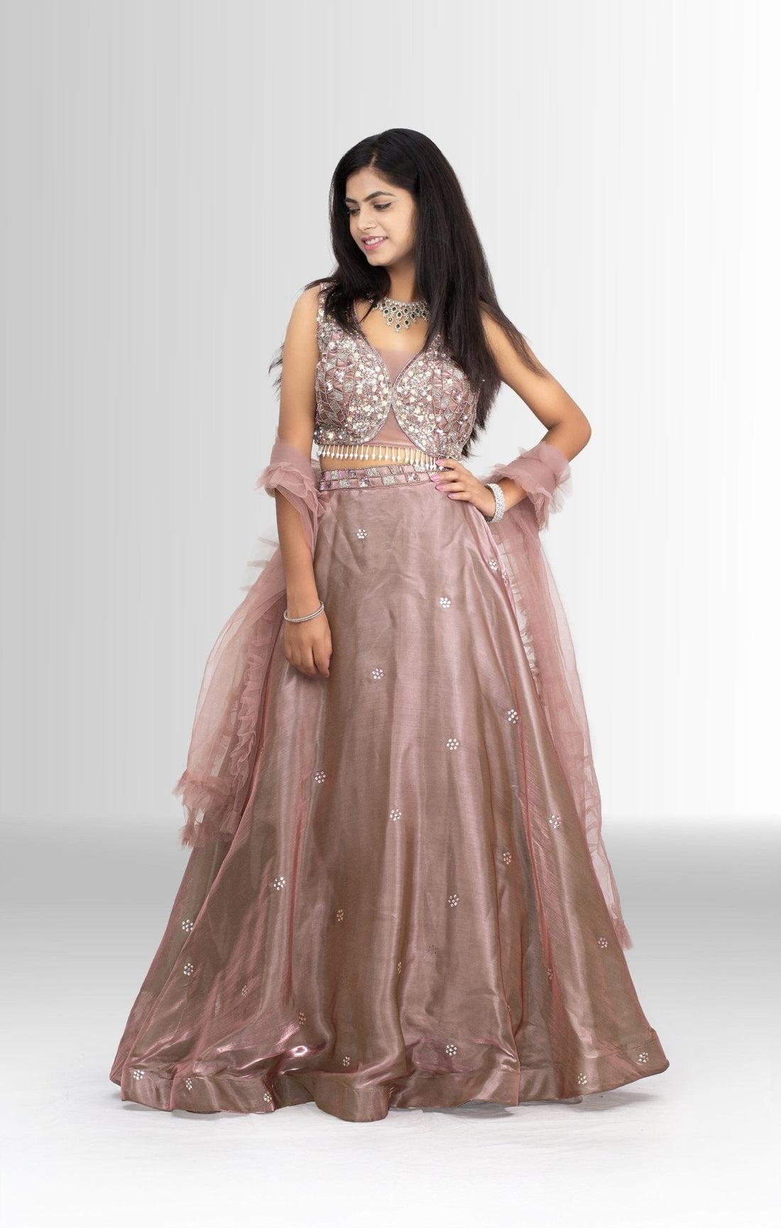 Ethereal dusty rose embellished crop top lehenga set — featured in Rosio House blog post: The Perfect Jewellery to Complement Your Lehenga