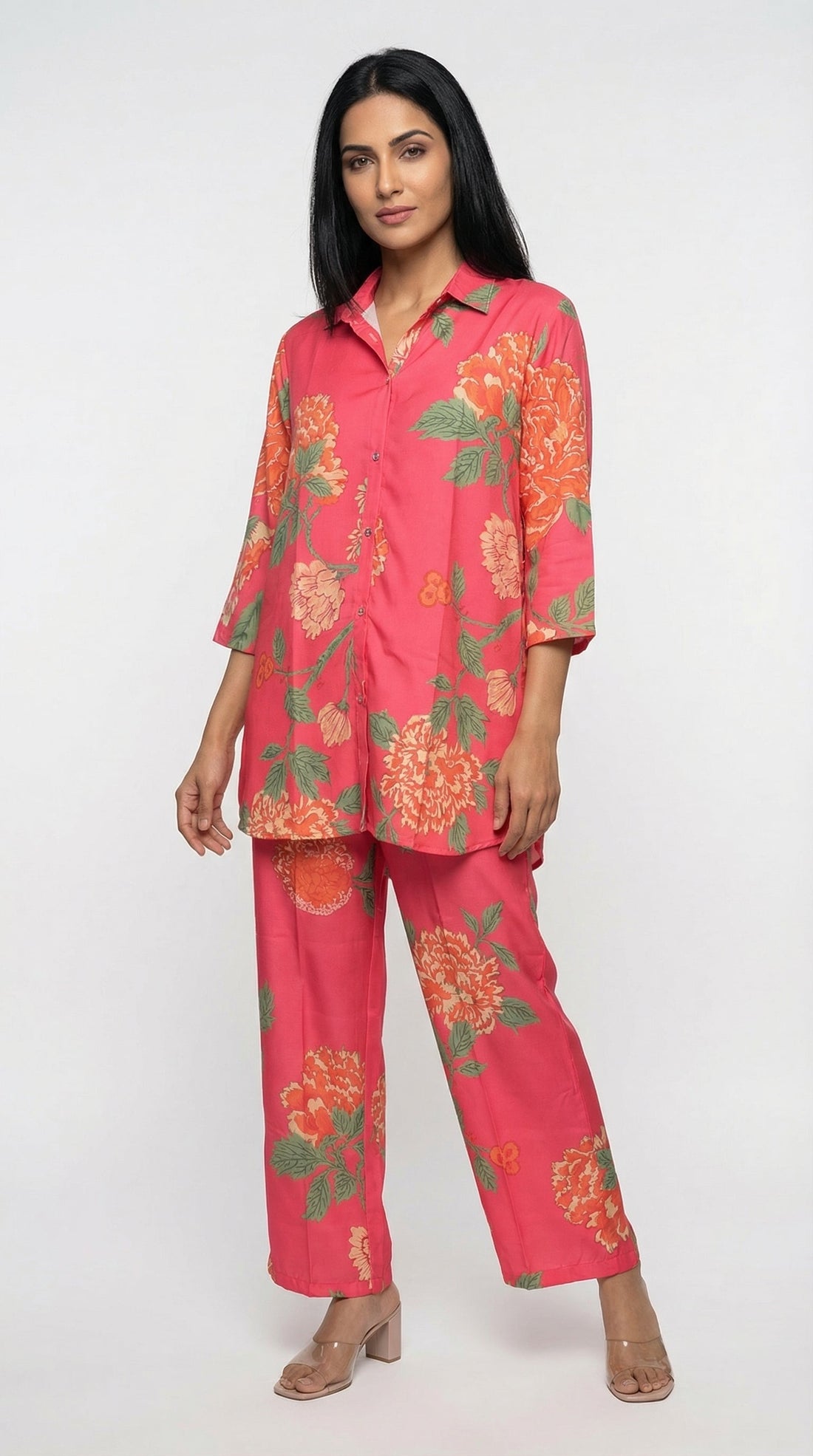 Coral pink floral co-ord set for women — featured in Rosio House blog post: Summer Party Dresses India 2026: 15 Looks That Actually Work in the Heat