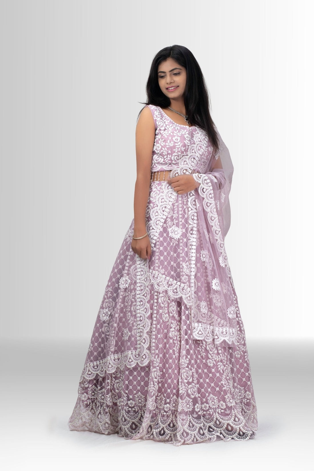Pink 3D embroidered net lehenga set with dupatta — featured in Rosio House blog post: Bridal Lehenga in Noida: A Complete Buyer's Guide (2026)