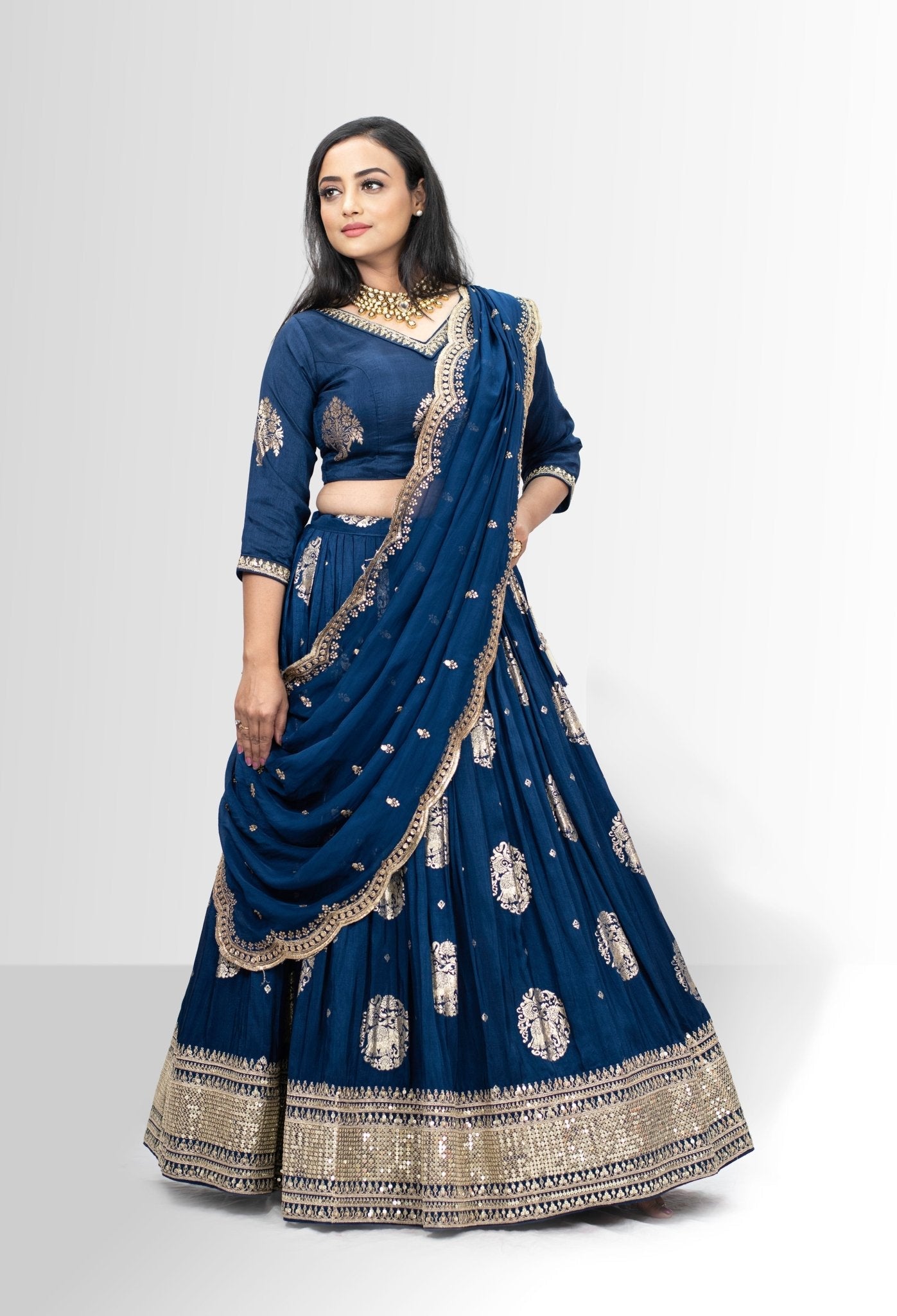 Blue banarasi lehenga with grand dupatta and zari handwork — featured in Rosio House blog post: What Is Can-Can in a Lehenga? Fabric, Volume & How to Store It
