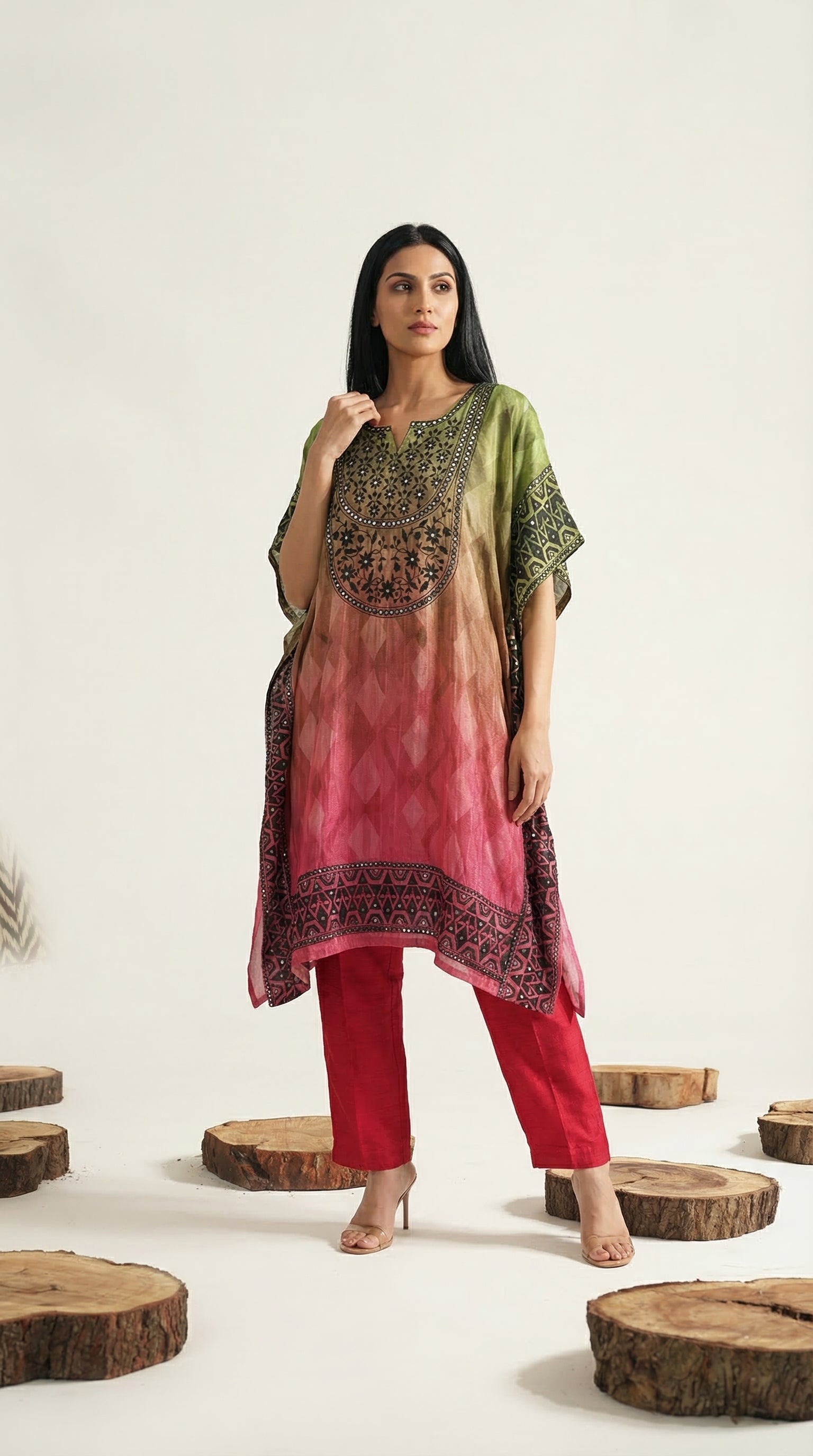 Ombre Embellished Kaftan & Red Slim Pants Set | Rosio House
