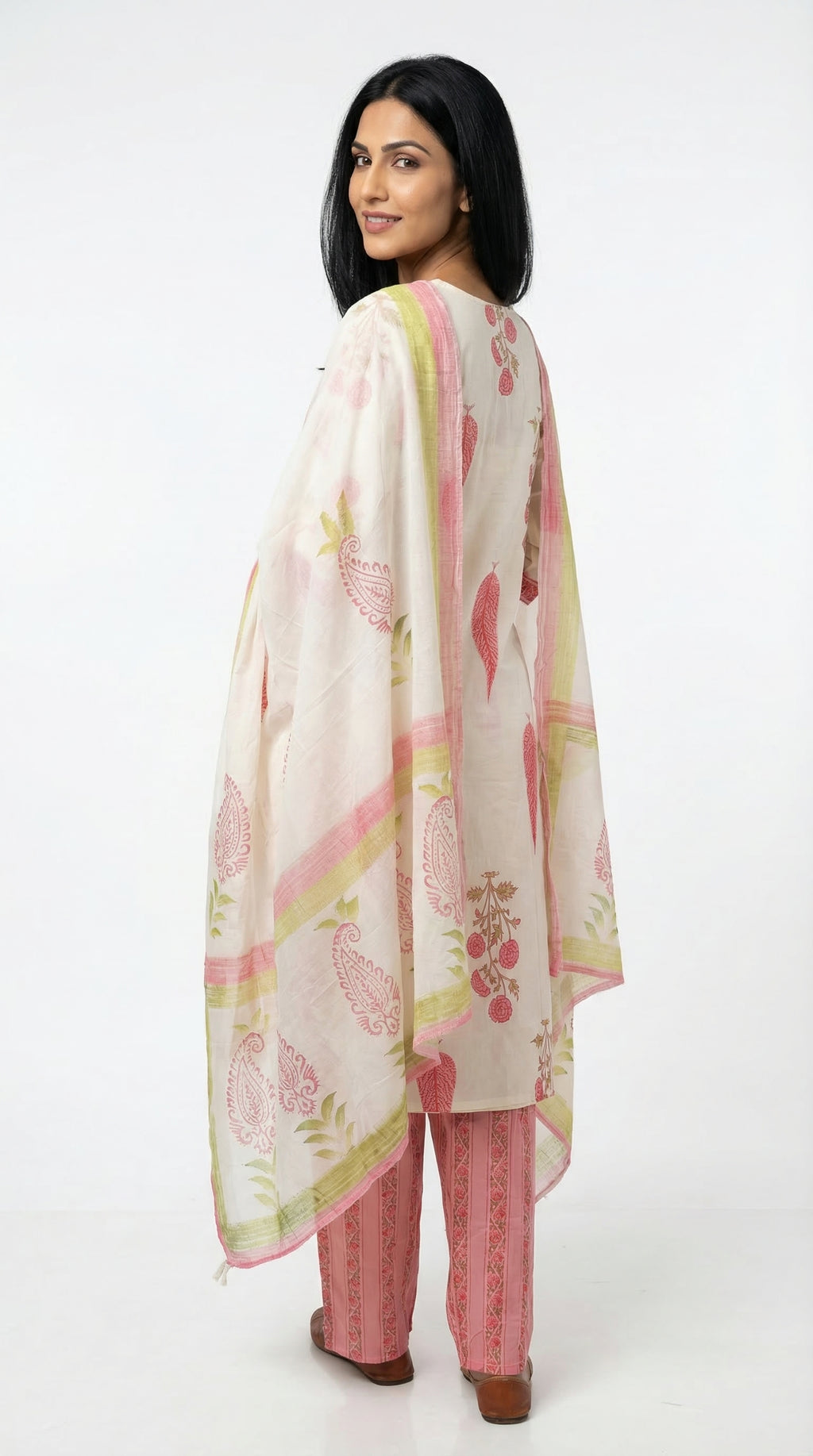 Off-White & Pink Floral Cotton Suit Set | Rosio House