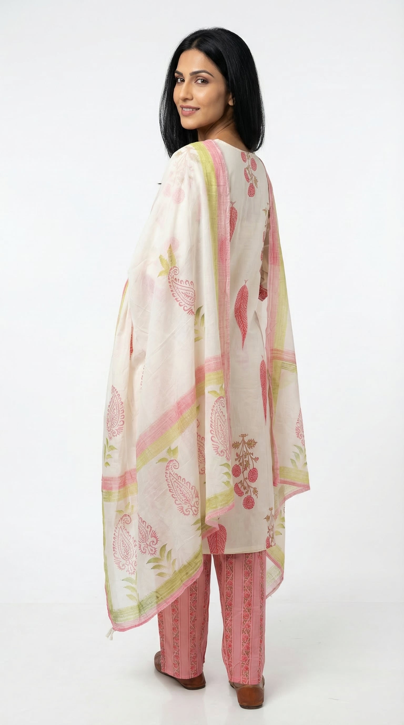 Off-White & Pink Floral Cotton Suit Set | Rosio House