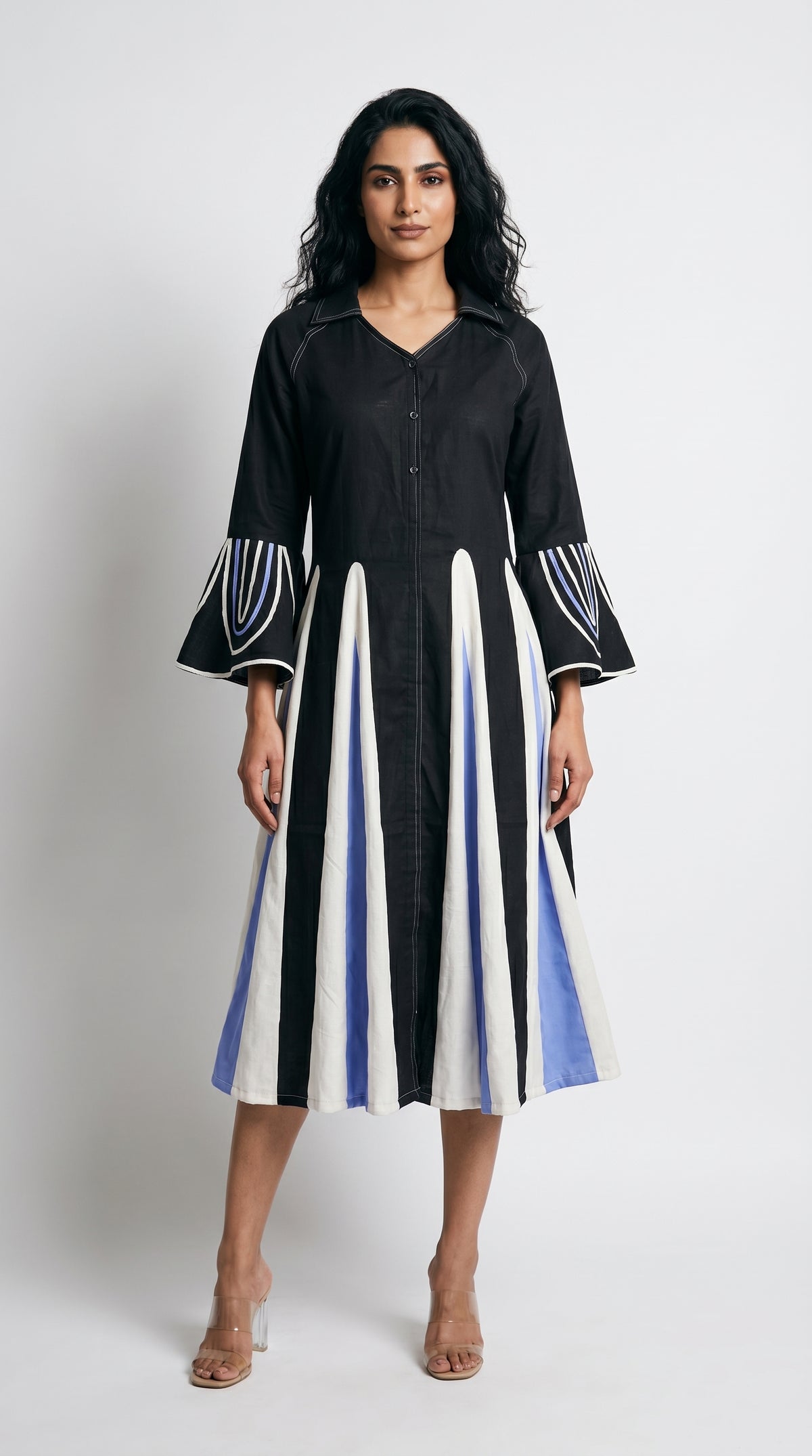 Flowy Pure Cotton Paneled Midi Shirt Dress | Rosio House