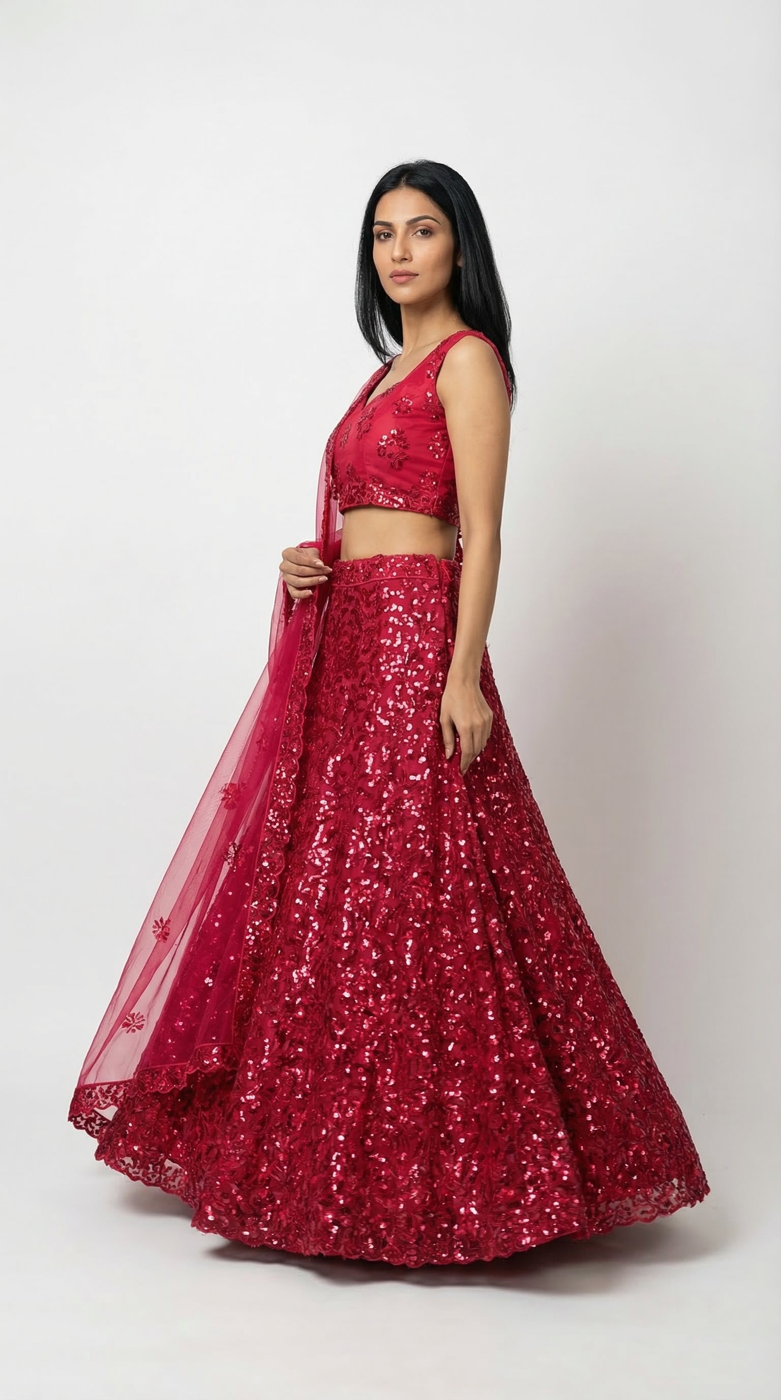 Crimson Red Sequin Embroidered Lehenga Set | Rosio House