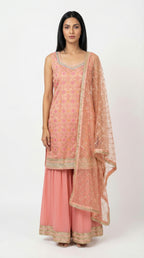 Peach Pink Brocade Sharara Set with Sequin Net Dupatta | Rosio House