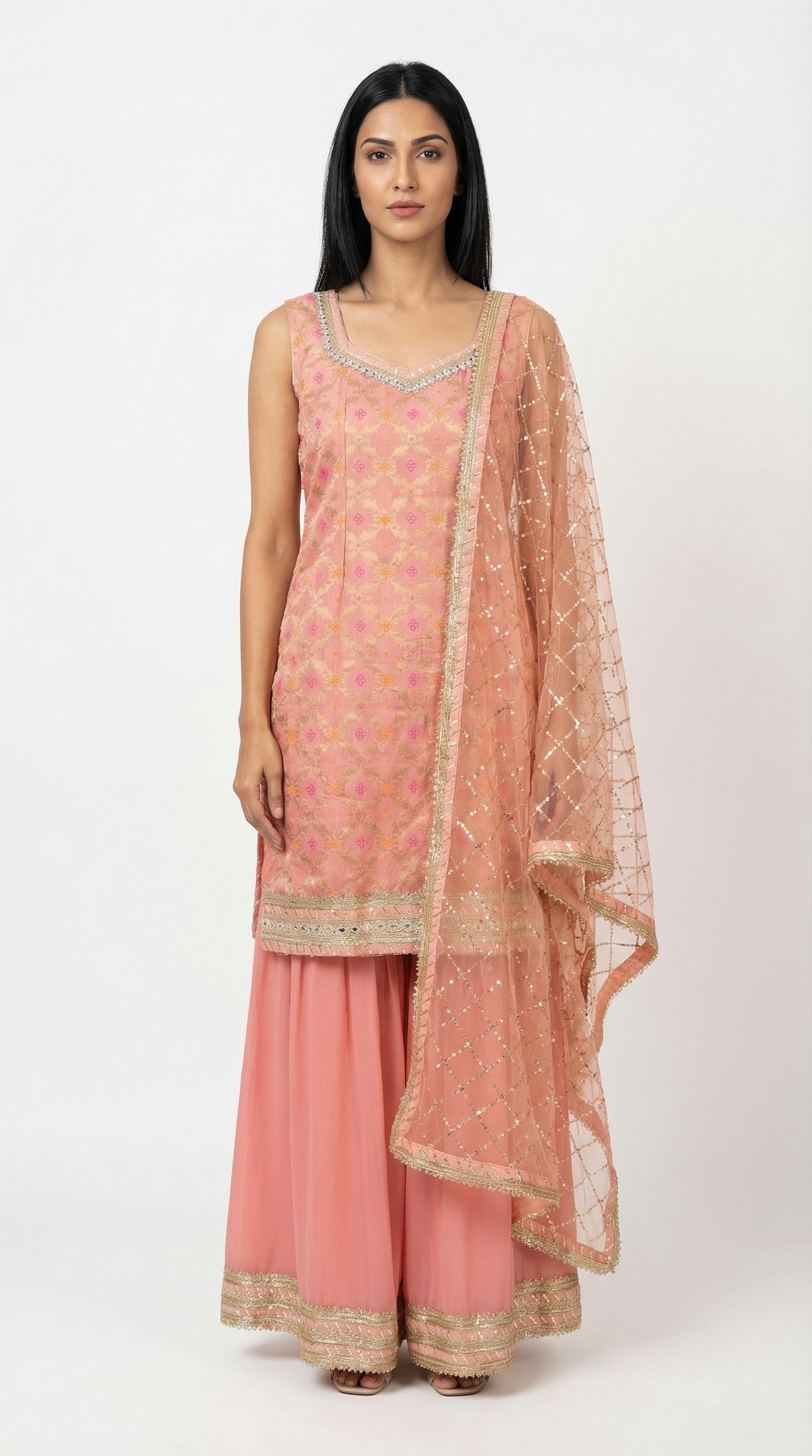Peach Pink Brocade Sharara Set with Sequin Net Dupatta | Rosio House