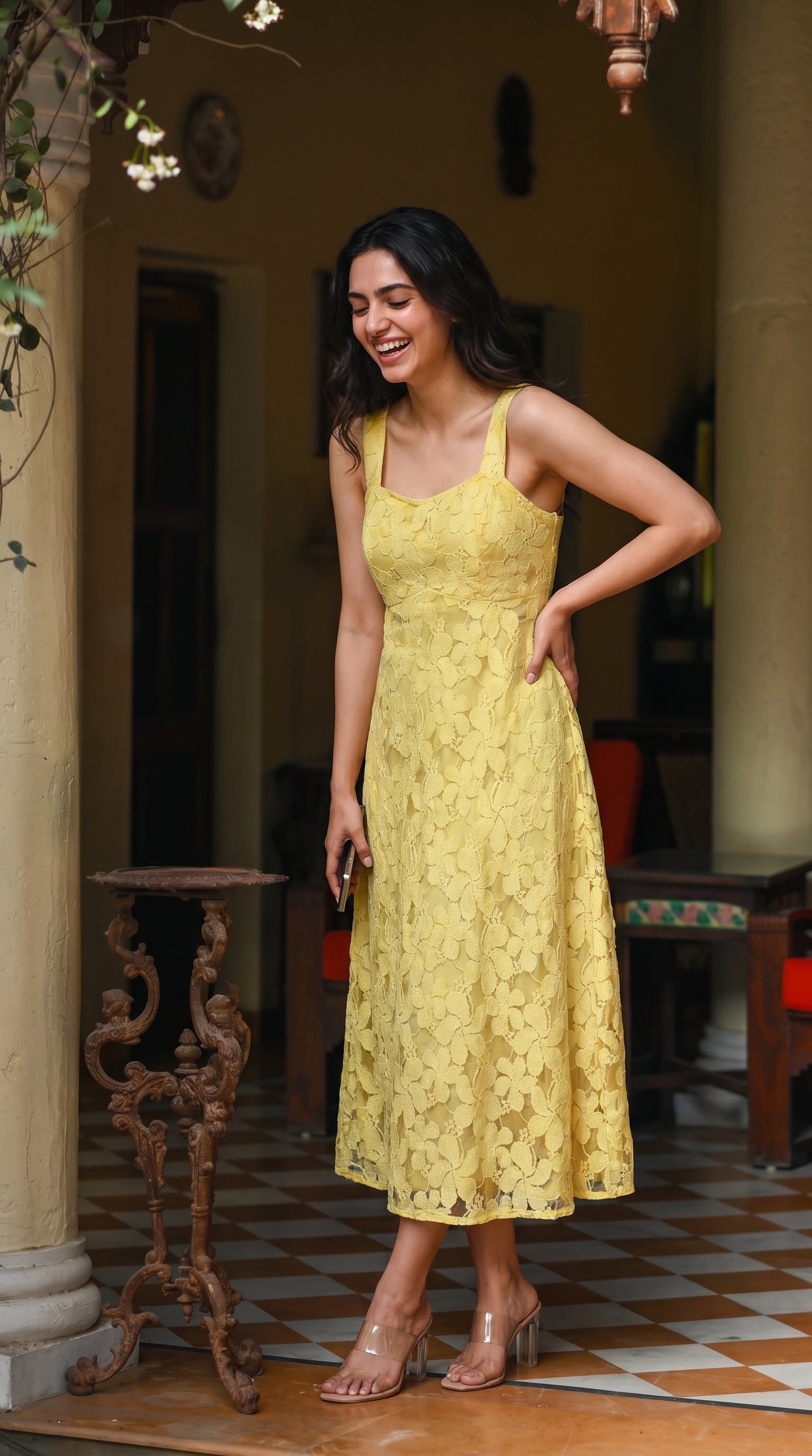 Yellow Flower Net Dress - Rosio House