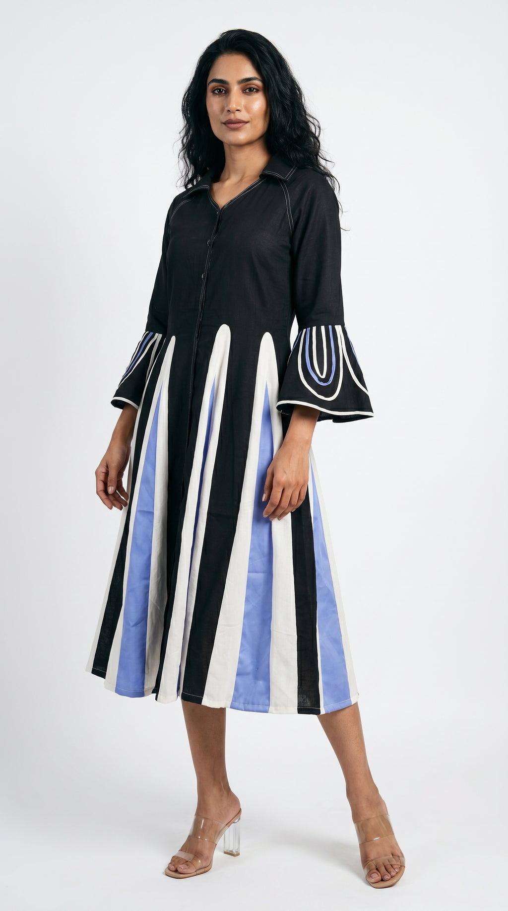 Flowy Pure Cotton Paneled Midi Shirt Dress | Rosio House