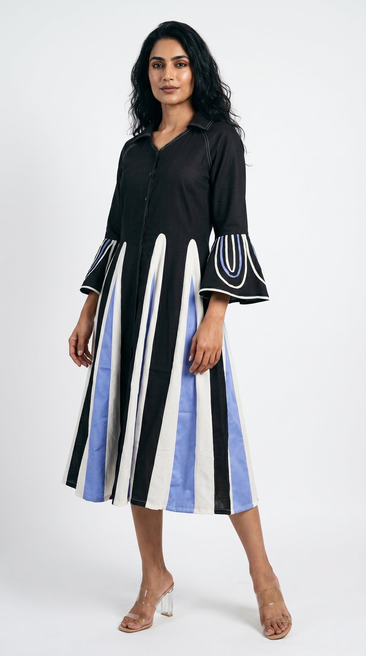 Flowy Pure Cotton Paneled Midi Shirt Dress | Rosio House
