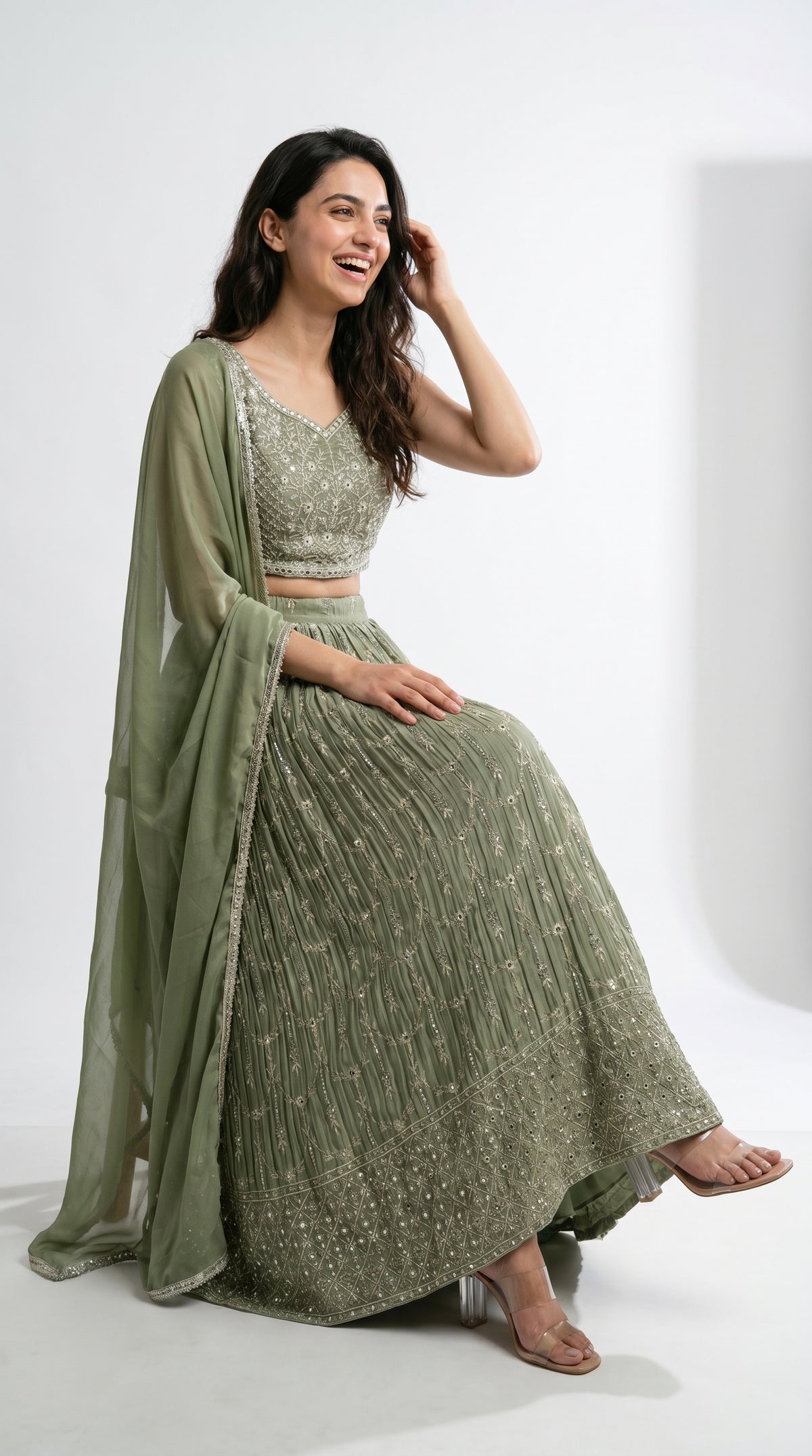 Sage Green Pleated Lightweight Lehenga Set | Rosio House
