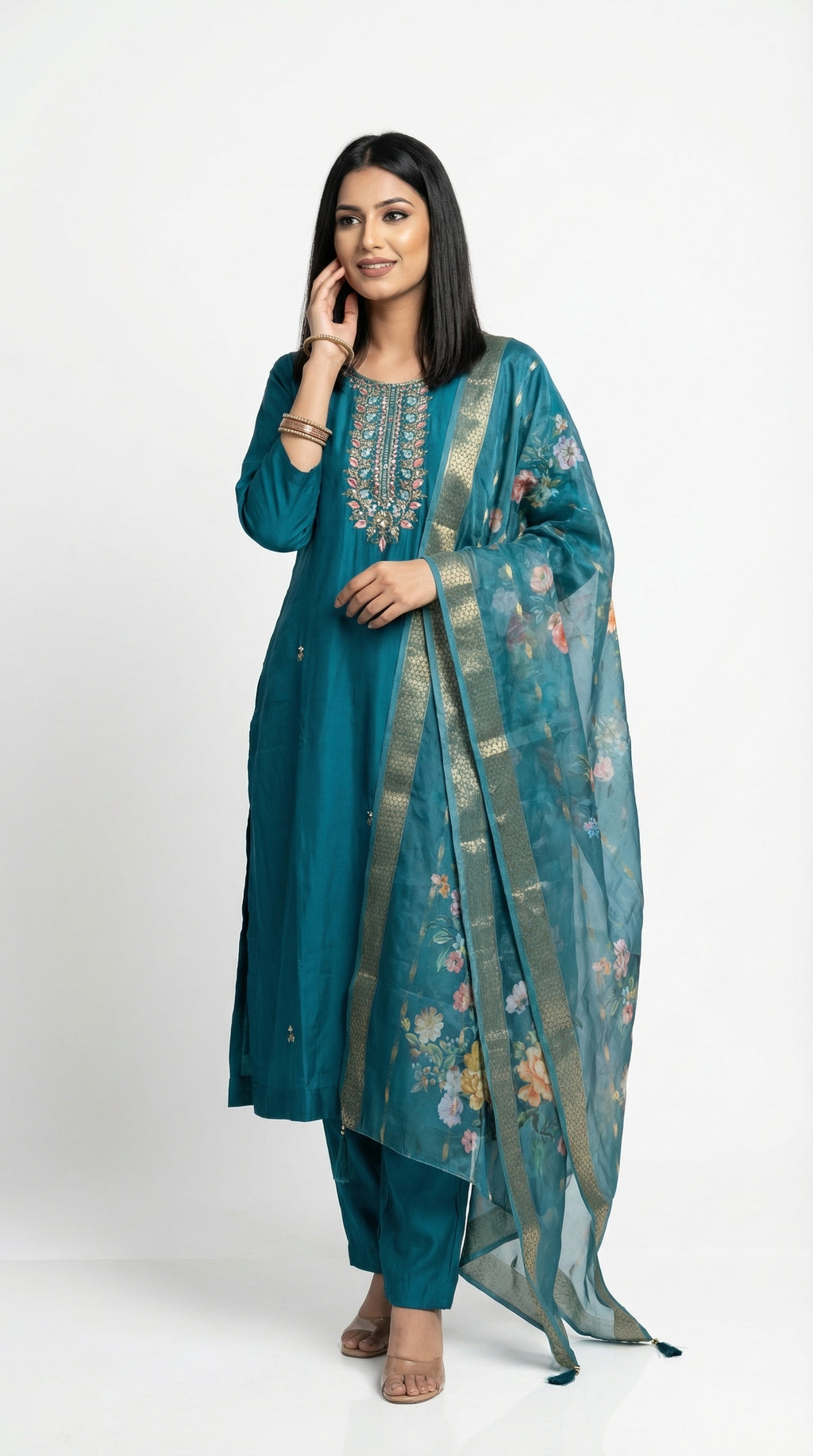 Teal Embroidered Art women suit with Floral Organza Dupatta | Rosio House