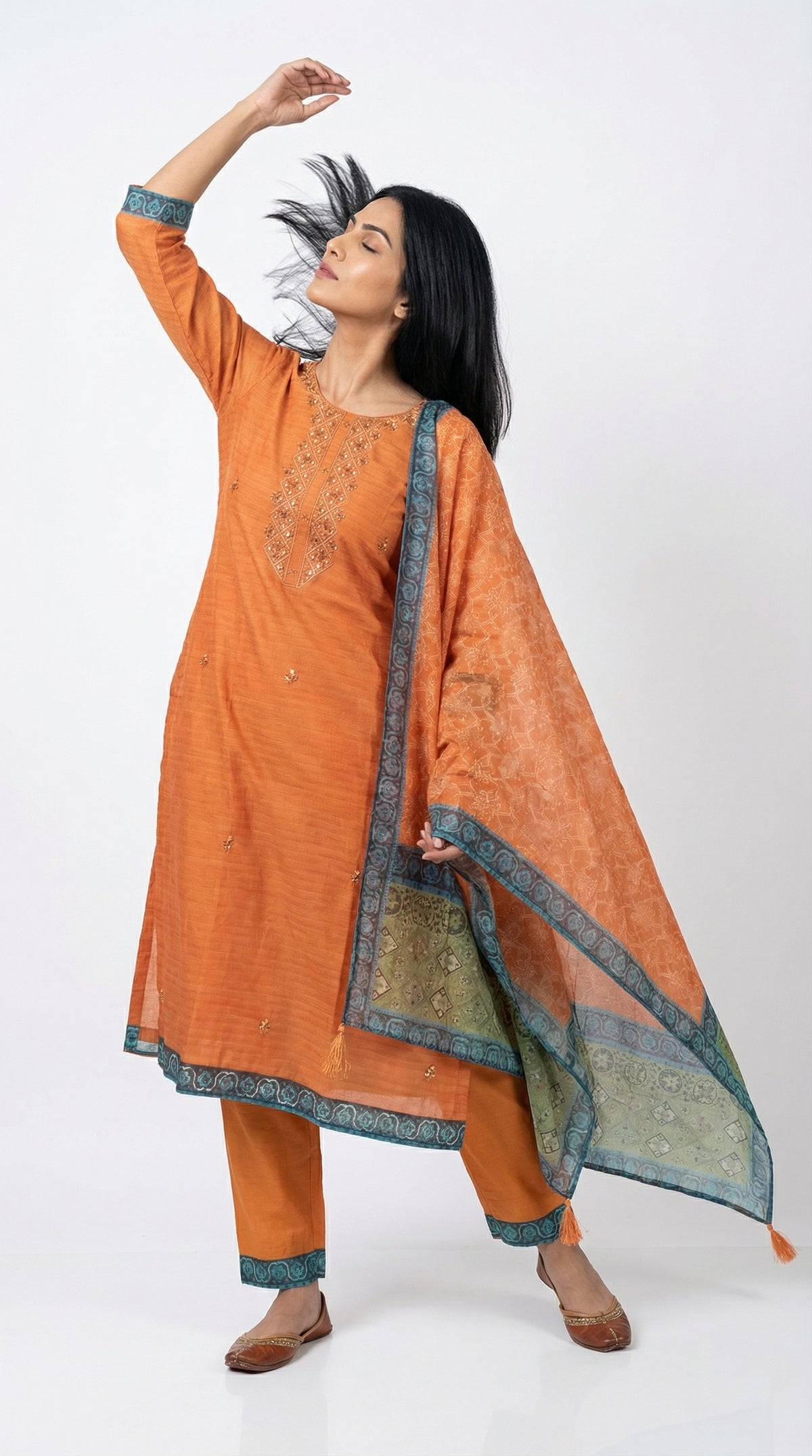 Zesty Orange Embroidered Women Cotton Suit | Rosio House