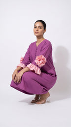 Orchid Magenta Cotton A-Line Dress with 3D Sleeve Flower | Rosio House