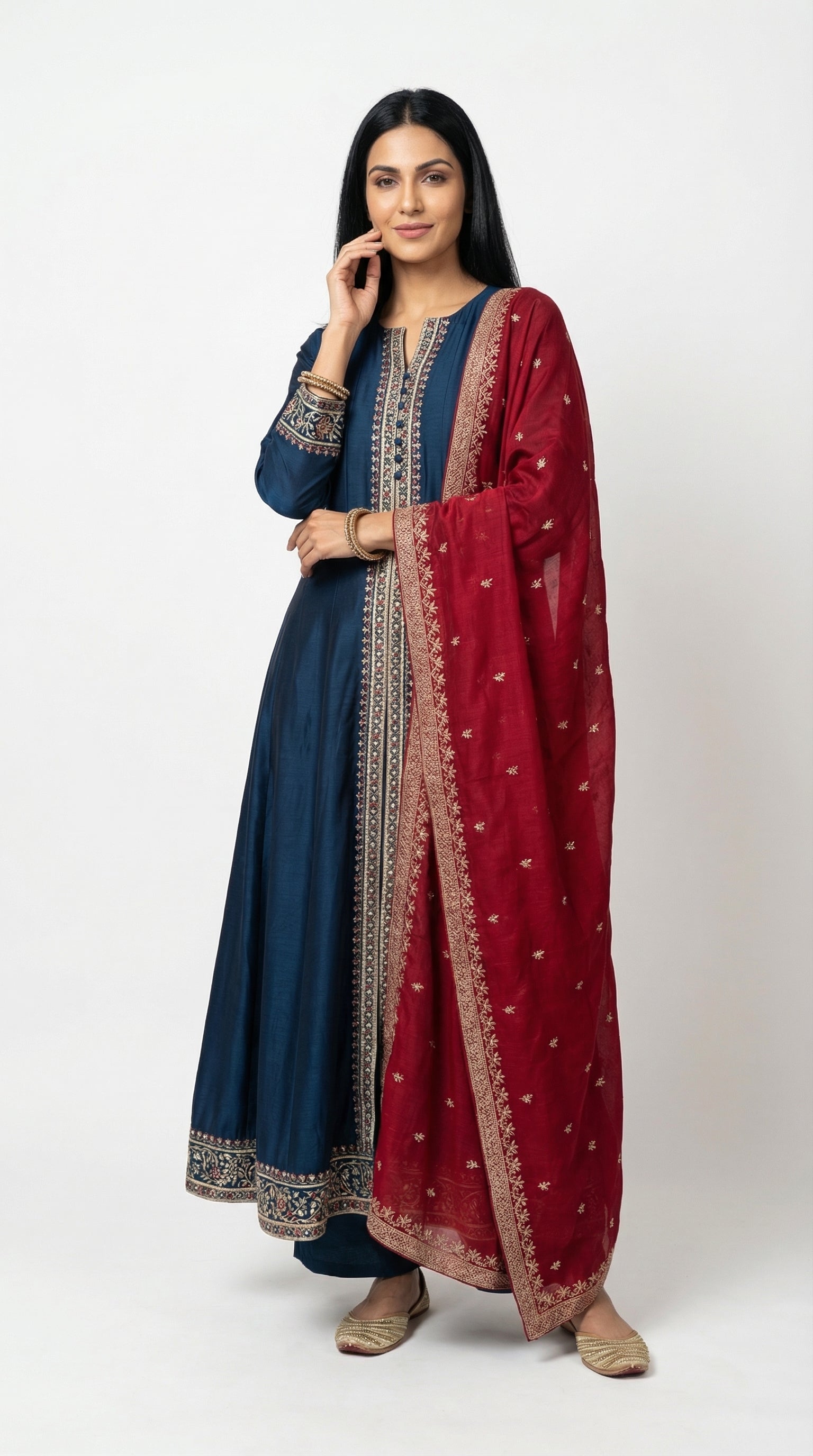 Teal Anarkali Suit with Maroon Dupatta | Embroidered Ethnic Wear | Rosio House