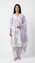 Lavender White Printed Cotton Suit | Lace Detail | Rosio House