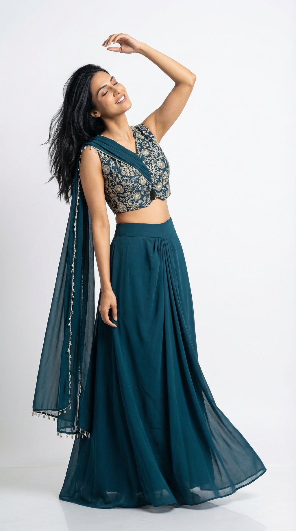 Teal Zari Handwork Draped Skirt Set | Indo-western | Rosio House