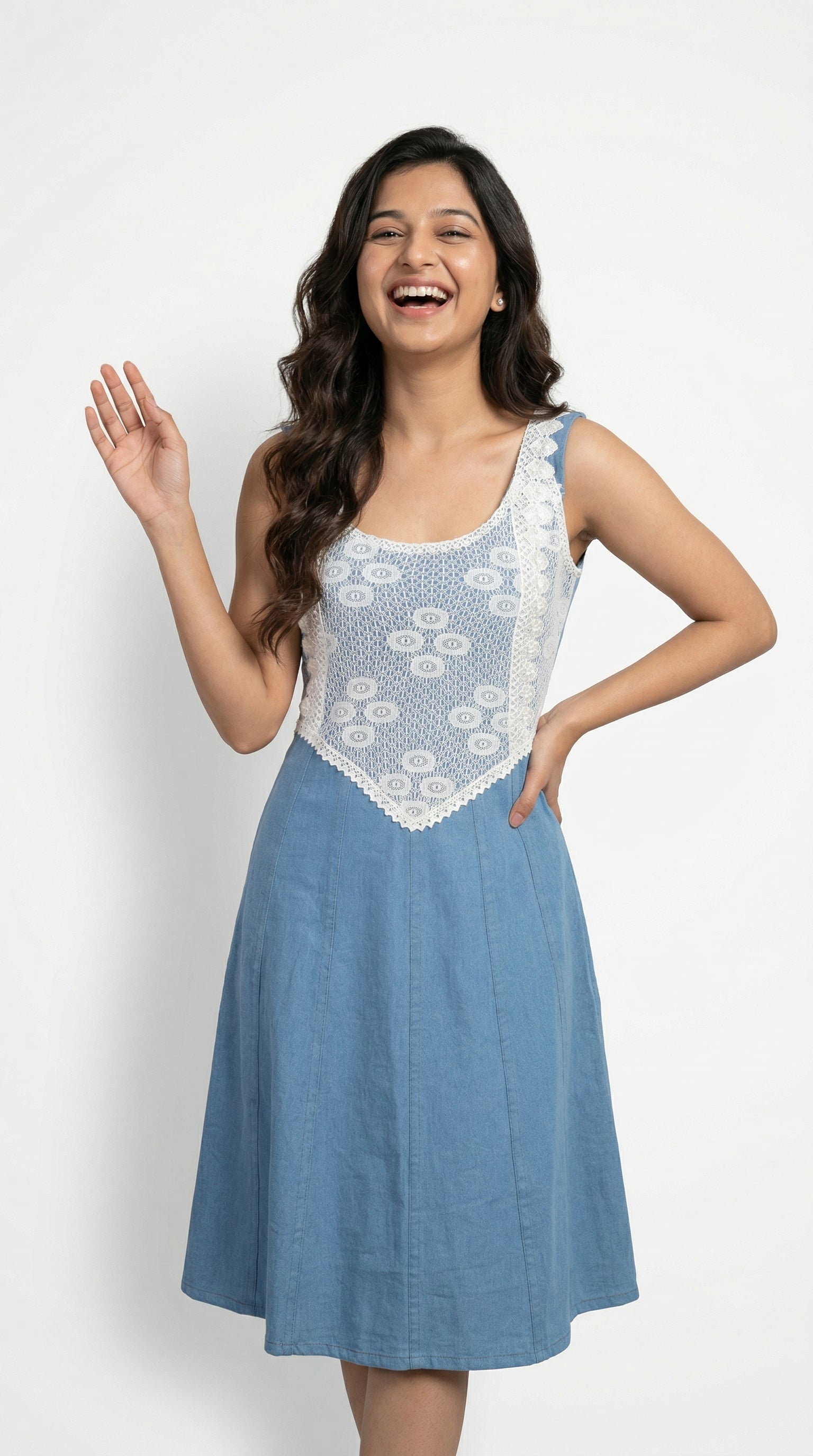 Blue Denim Midi Dress with White Lace | Rosio House