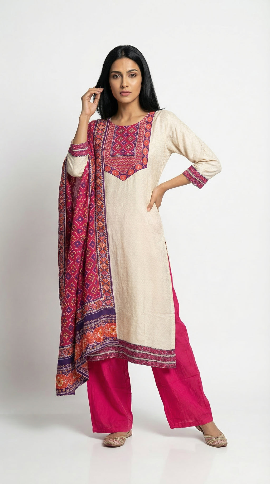 Vibrant Cream & Fuchsia Cotton Suit with Printed Dupatta | Rosio House