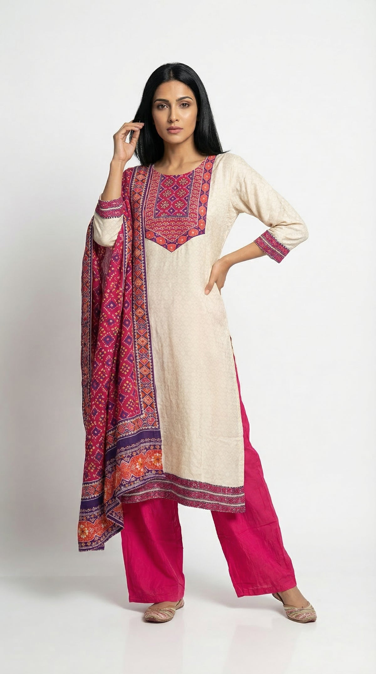 Vibrant Cream & Fuchsia Cotton Suit with Printed Dupatta | Rosio House