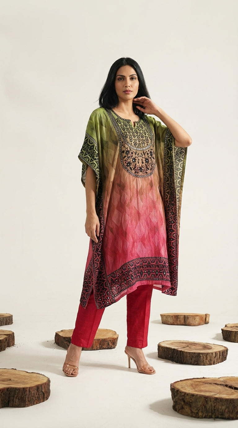Ombre Embellished Kaftan & Red Slim Pants Set | Rosio House