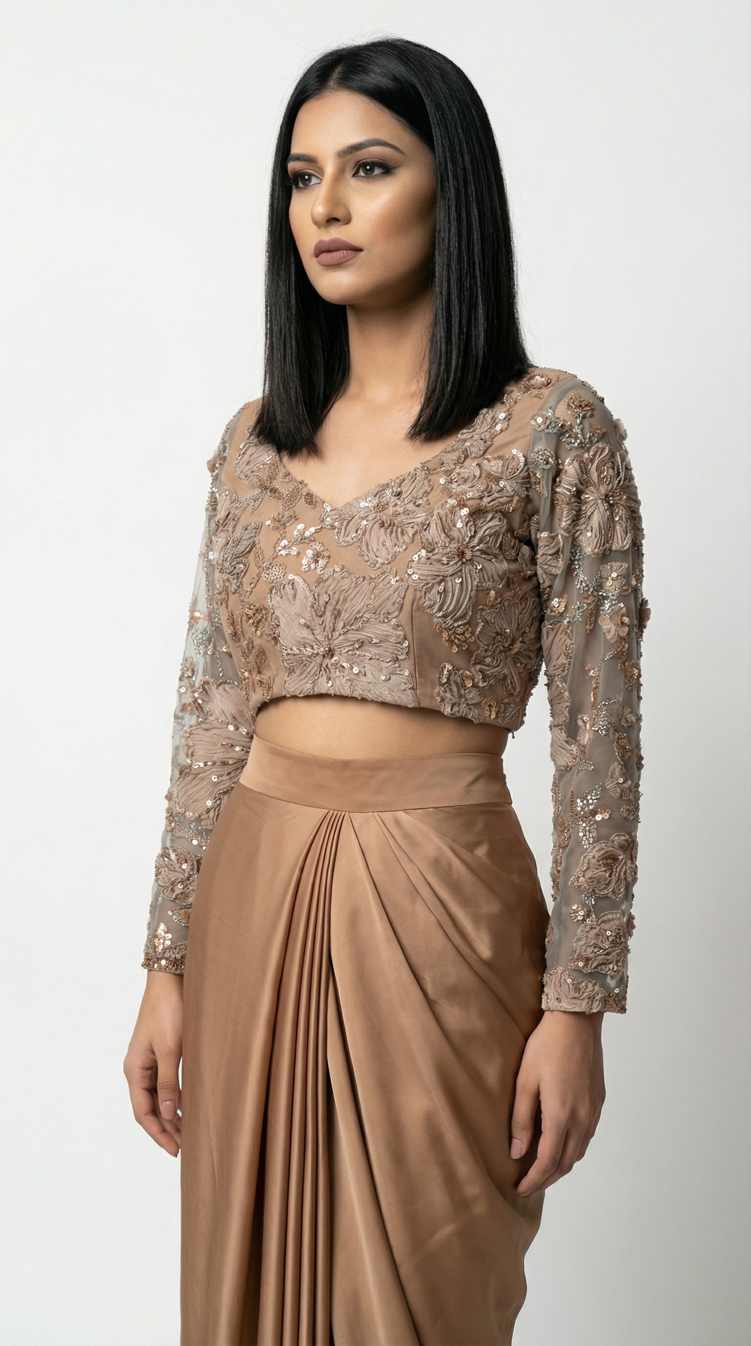 Champagne Bronze Sequin Embroidered Skirt Set | Indo-Western | Rosio House