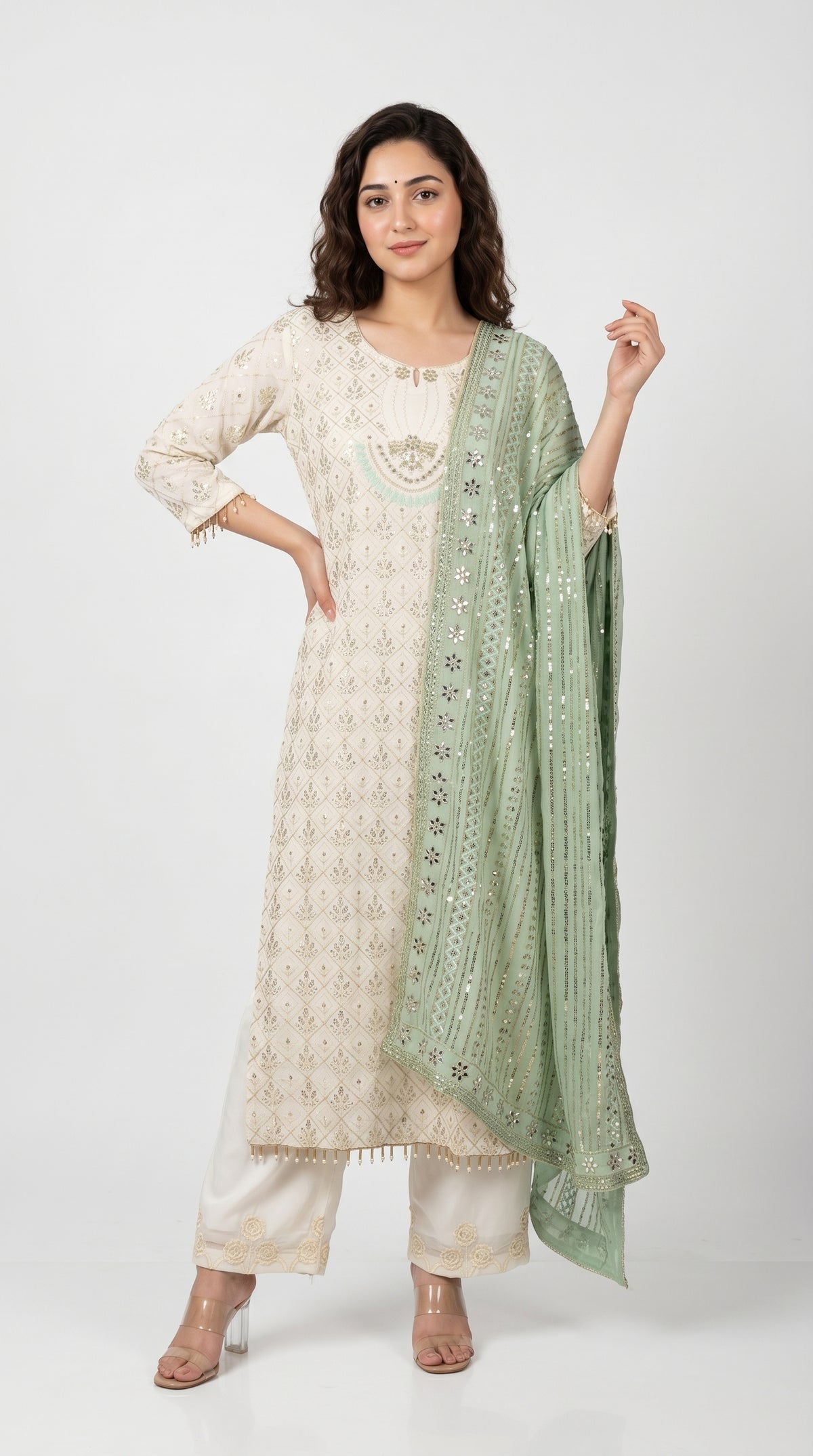 Off-White Embroidered and Mirror Kurta Set with Mint Dupatta | Rosio House