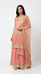 Peach Pink Brocade Sharara Set with Sequin Net Dupatta | Rosio House