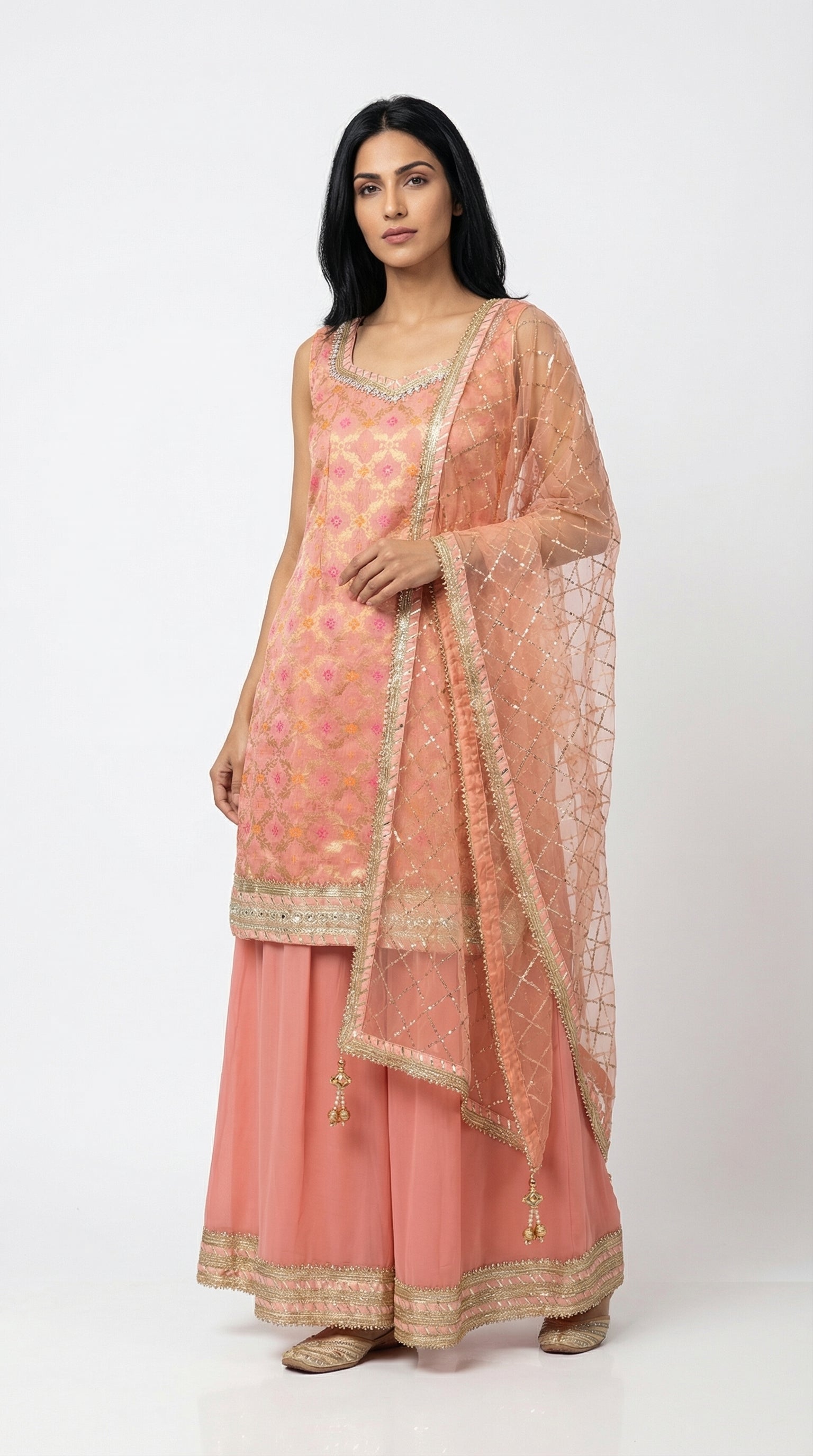 Peach Pink Brocade Sharara Set with Sequin Net Dupatta | Rosio House