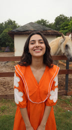 Orange & White Color-Block Midi Dress with Flower Appliqué | Rosio House