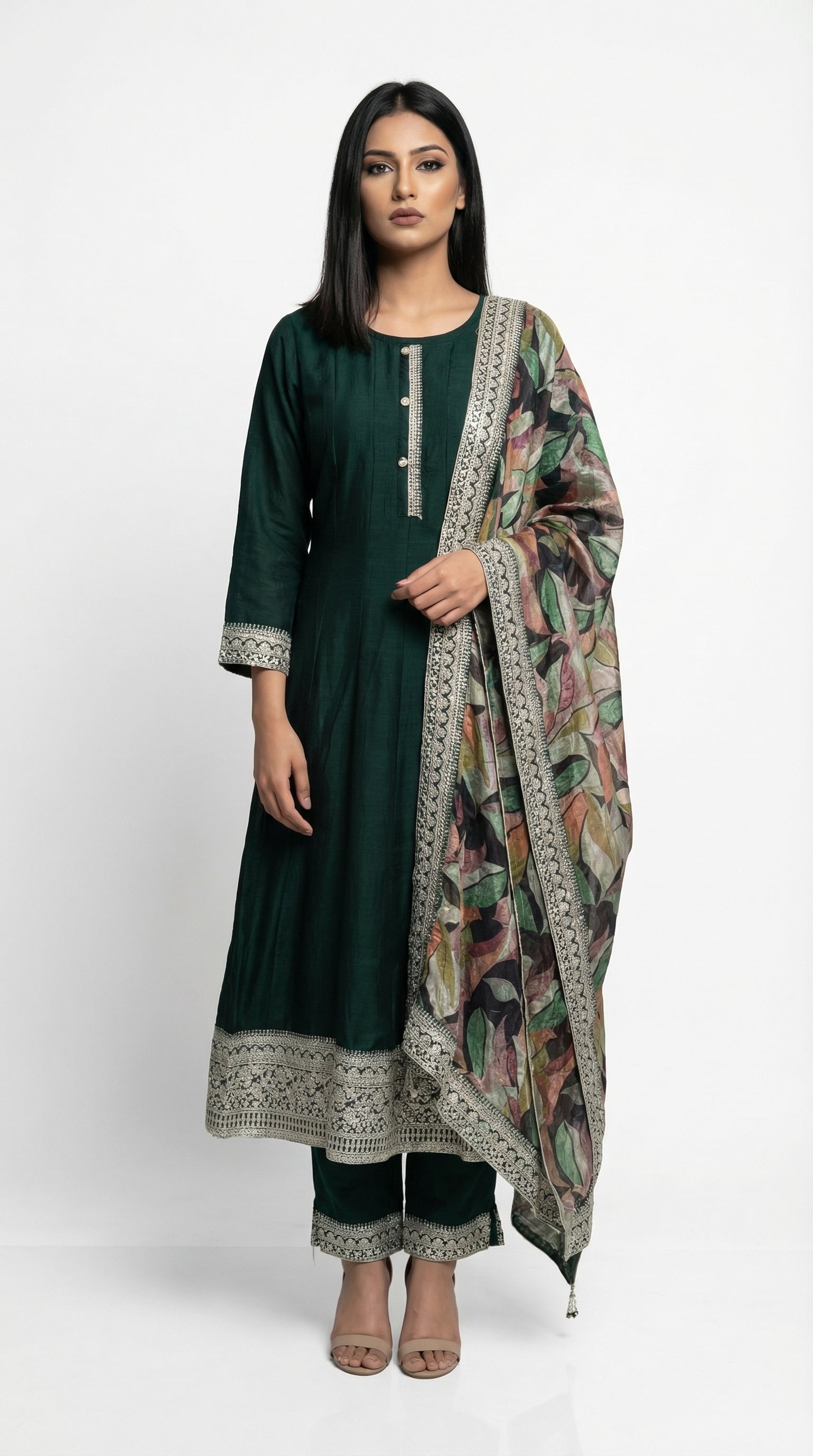 Emerald Green Embroidered Anarkali Suit with Printed Dupatta | Rosio House