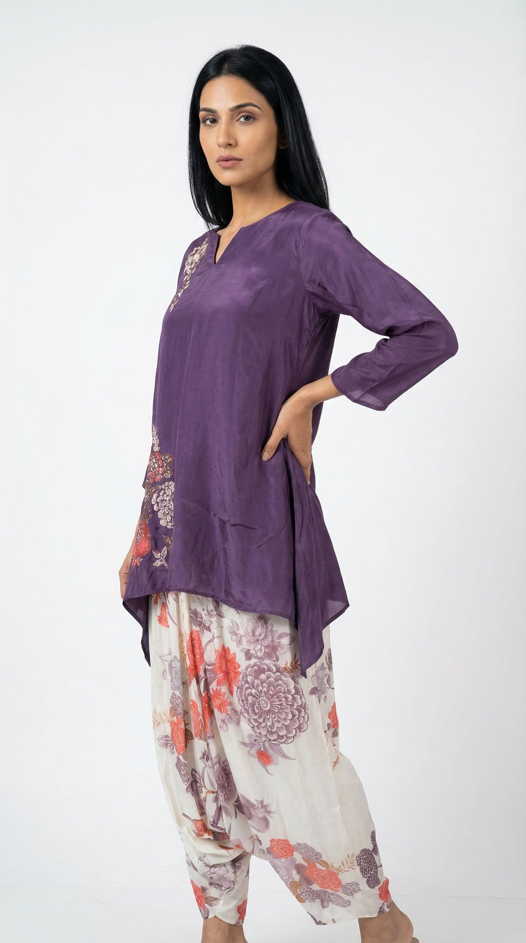 Plum Embroidered Kafta Suit & Floral Farshi Salwar | Rosio House