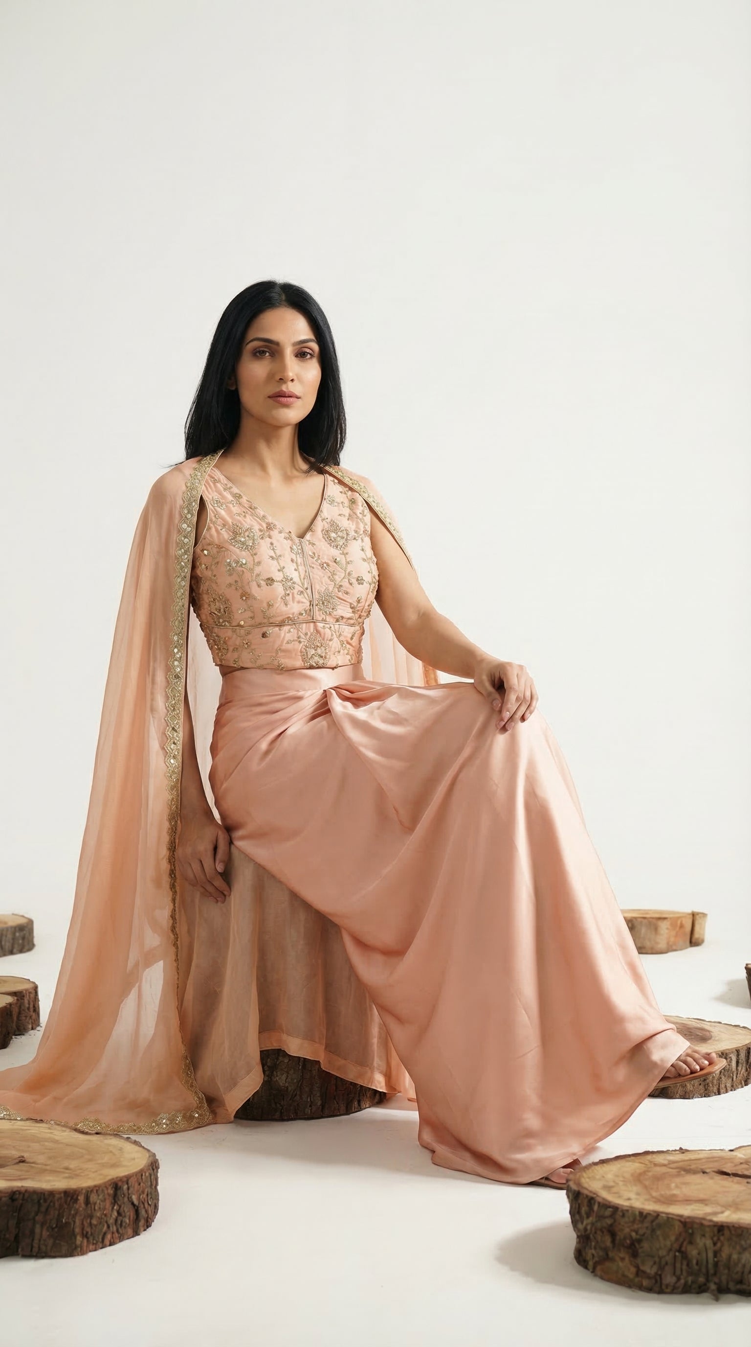 Peach Shrug Style Indo-Western Set | Draped Skirt & Embroidered Crop Top | Rosio House