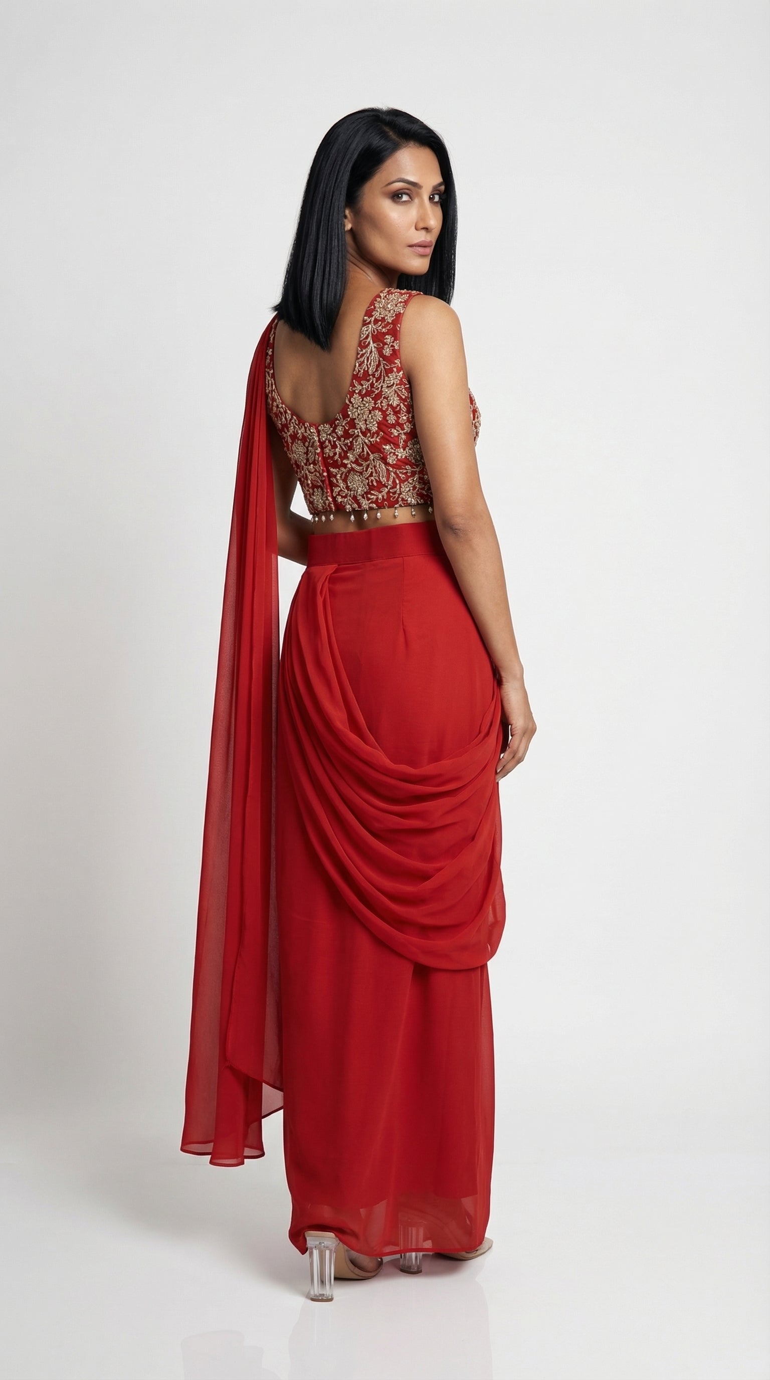 Ruby Red Georgette Drape Saree with Embroidered Blouse | Rosio House