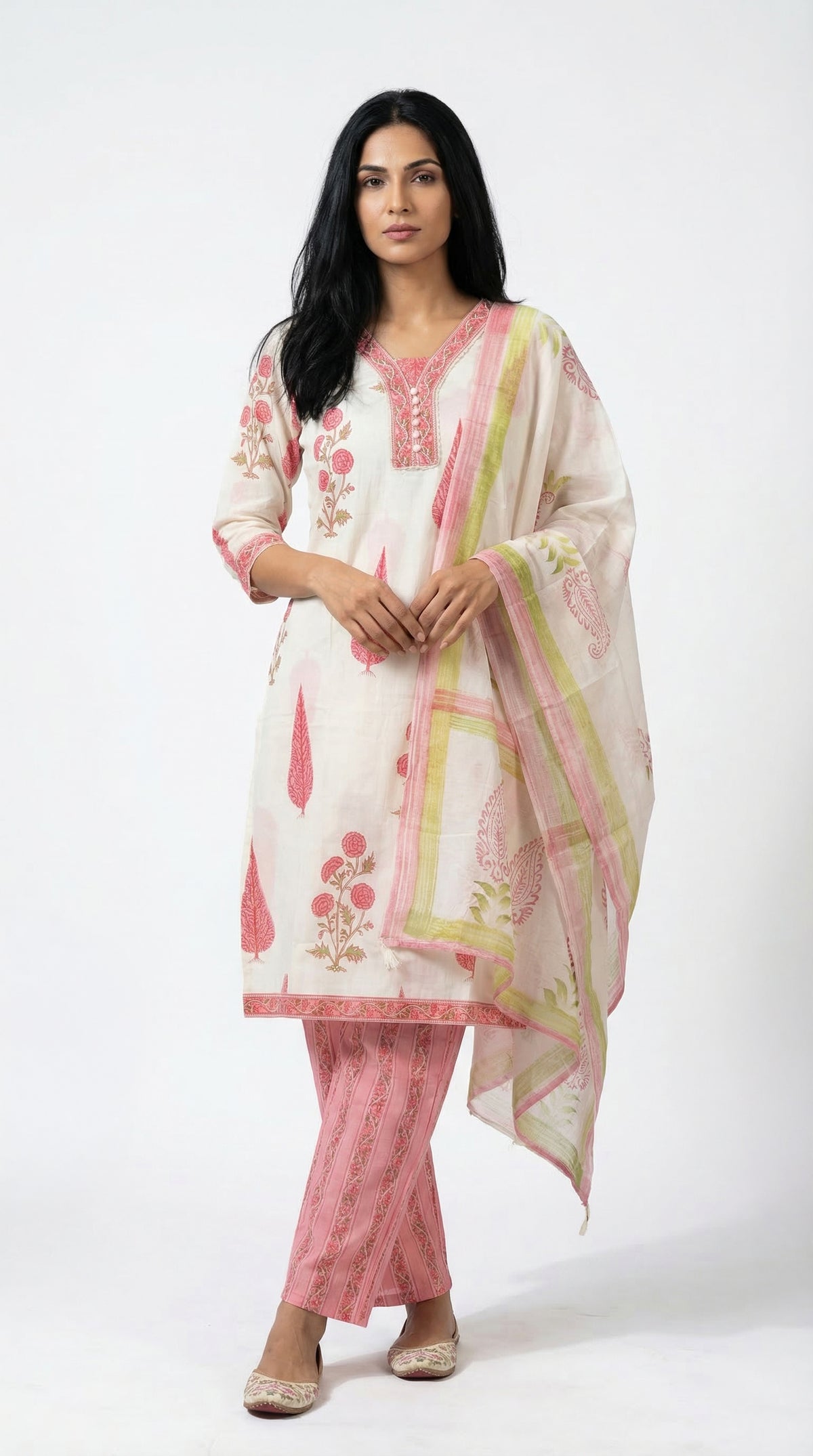 Off-White & Pink Floral Cotton Suit Set | Rosio House