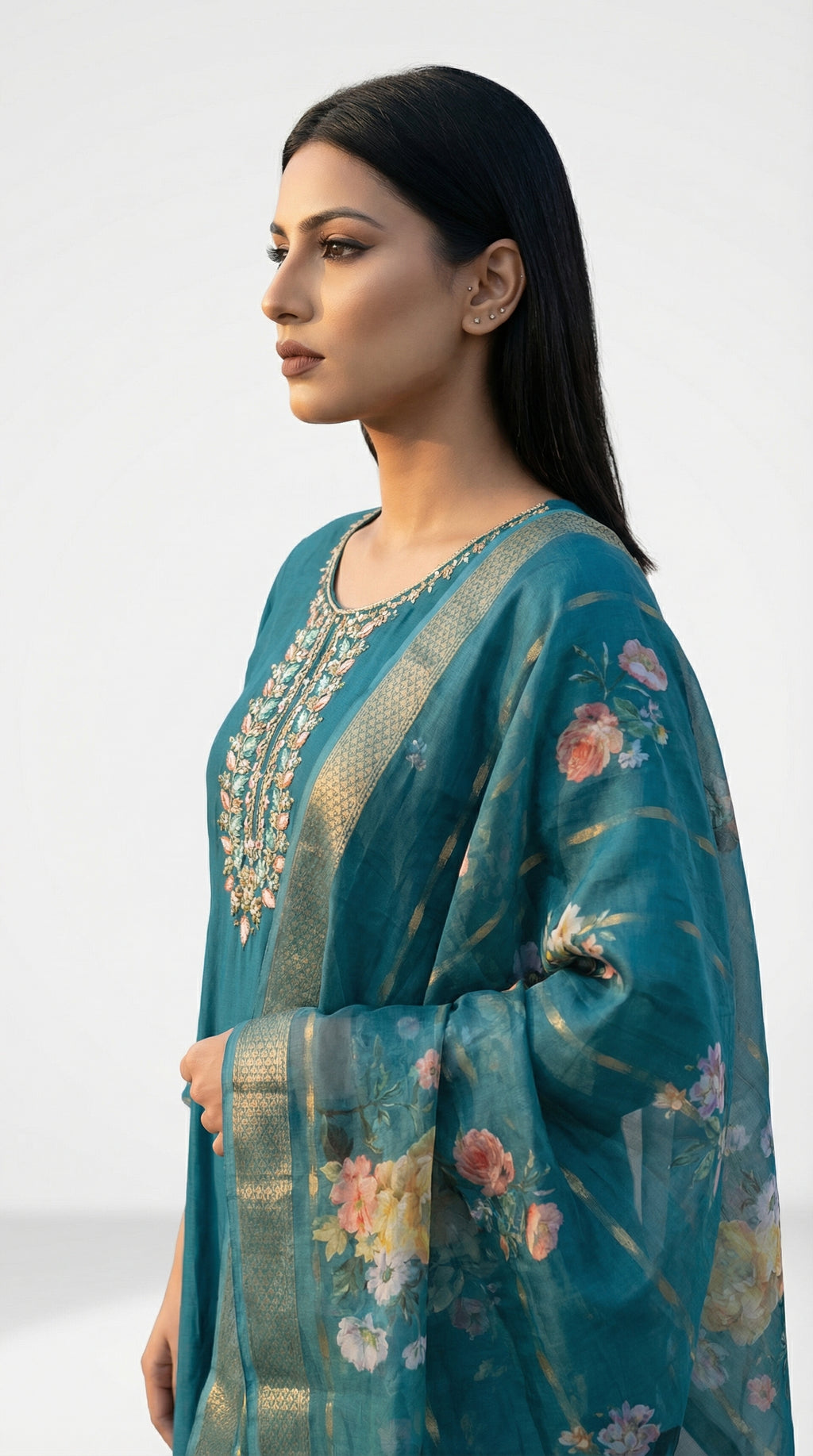 Teal Embroidered Art women suit with Floral Organza Dupatta | Rosio House