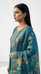 Teal Embroidered Art women suit with Floral Organza Dupatta | Rosio House