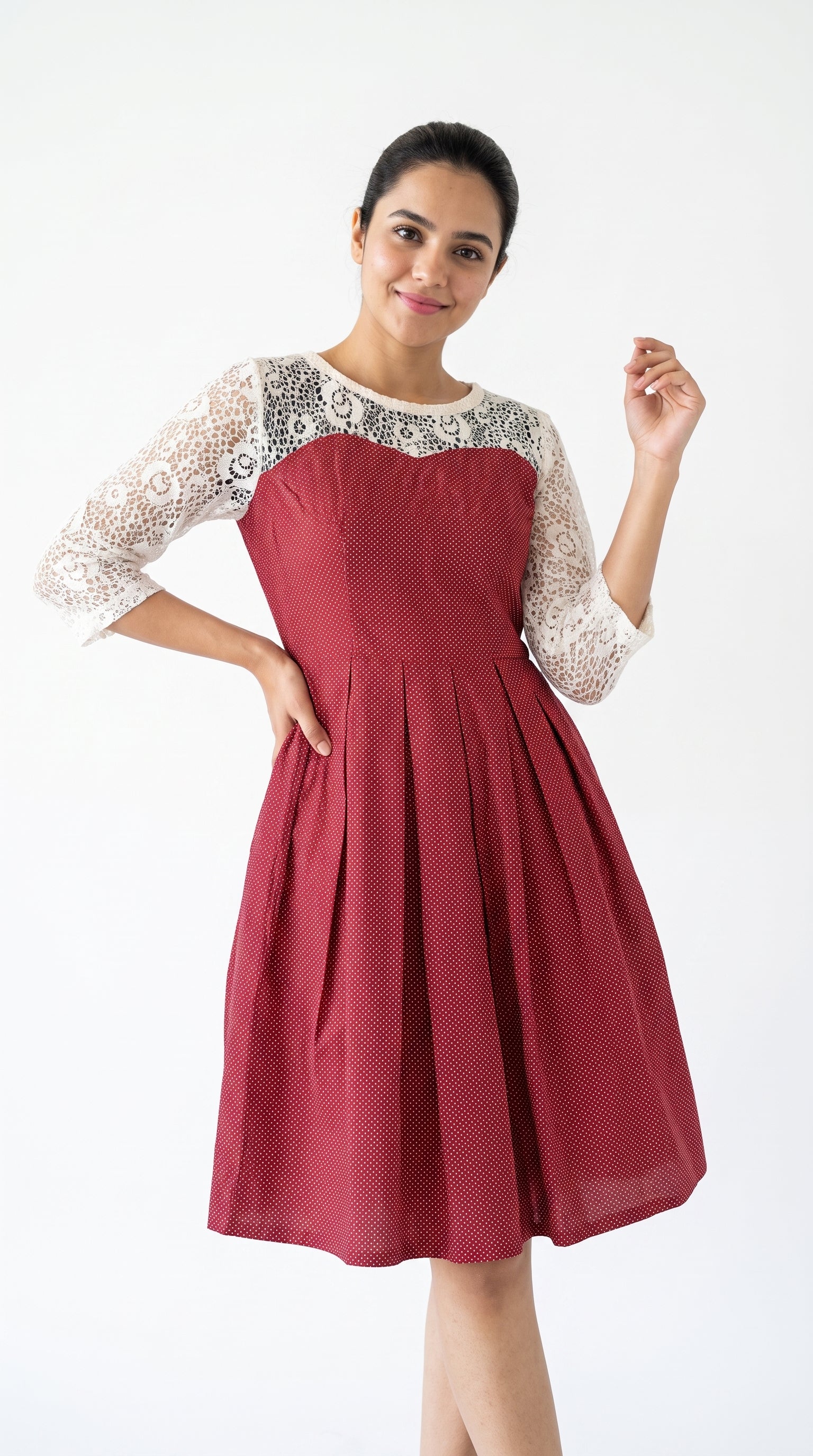 Red Schiffli Lace Polka Dot Midi Dress | Rosio House